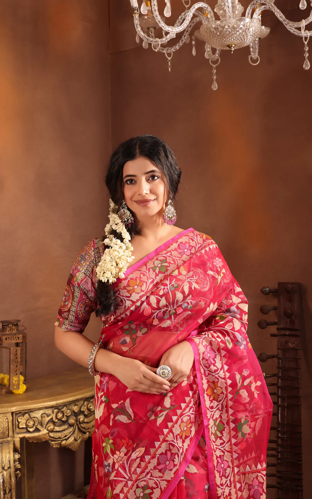 Dark Pink Real Zari Banarasi Kora Saree With Jamdani Weaves - Image 5