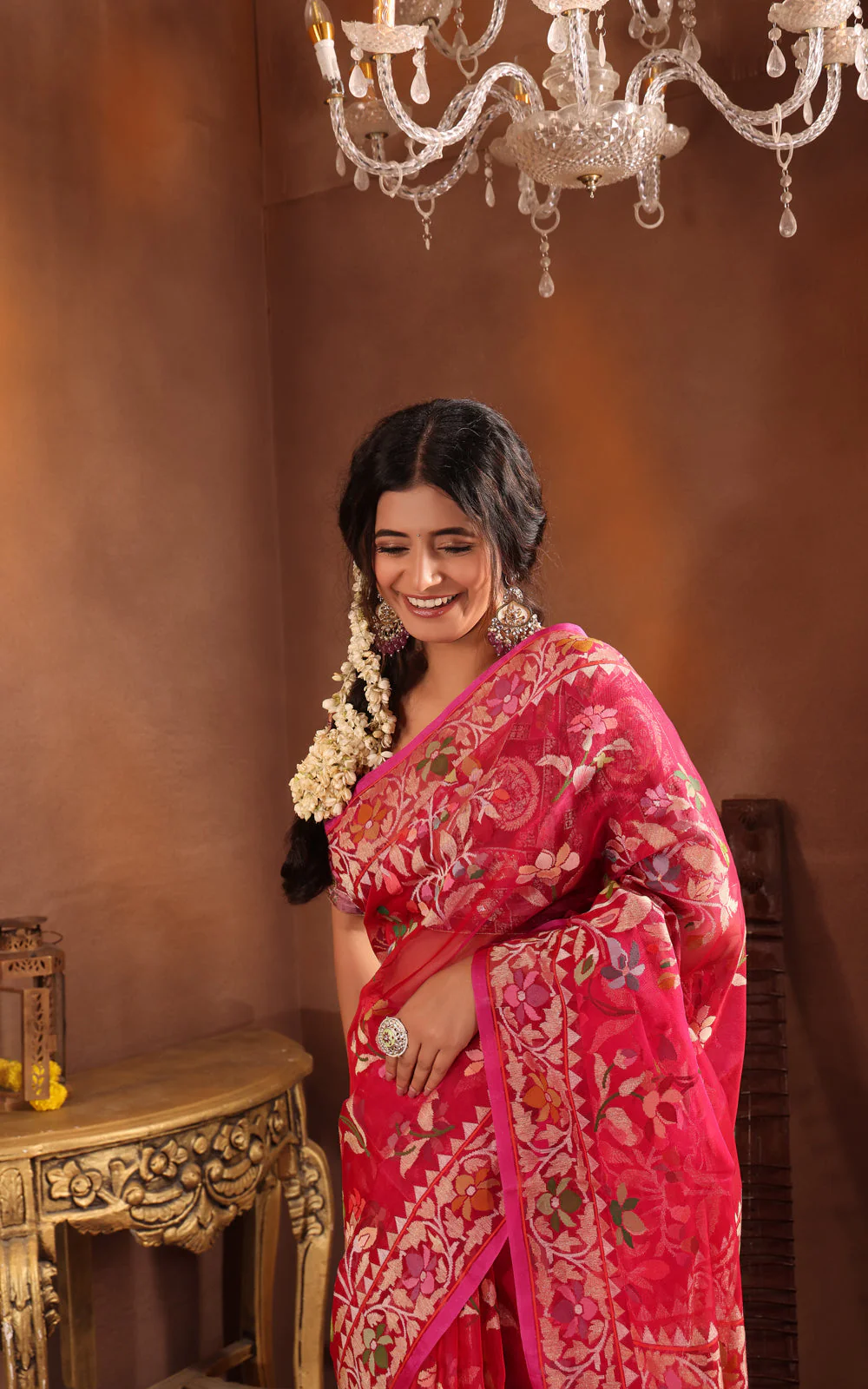 Dark Pink Real Zari Banarasi Kora Saree With Jamdani Weaves - Image 6