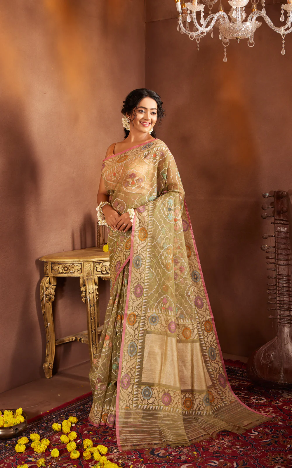 Pastel Green & Pink Real Zari Banarasi Kora Saree With Jamdani Weaves - Image 3
