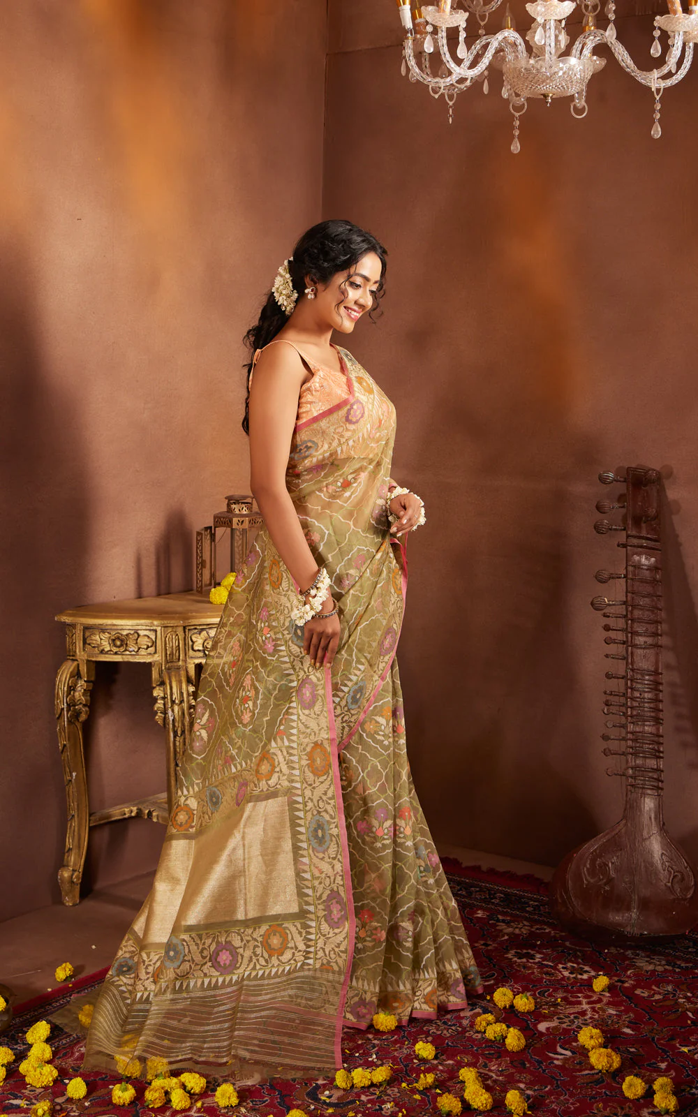 Pastel Green & Pink Real Zari Banarasi Kora Saree With Jamdani Weaves - Image 4