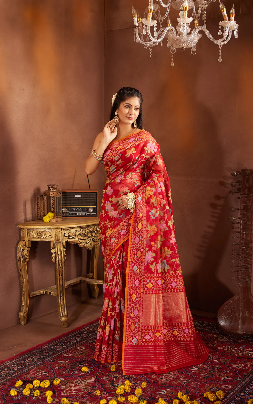 Red & Orange Real Zari Banarasi Kora Saree With Jandani Weaves - Image 3