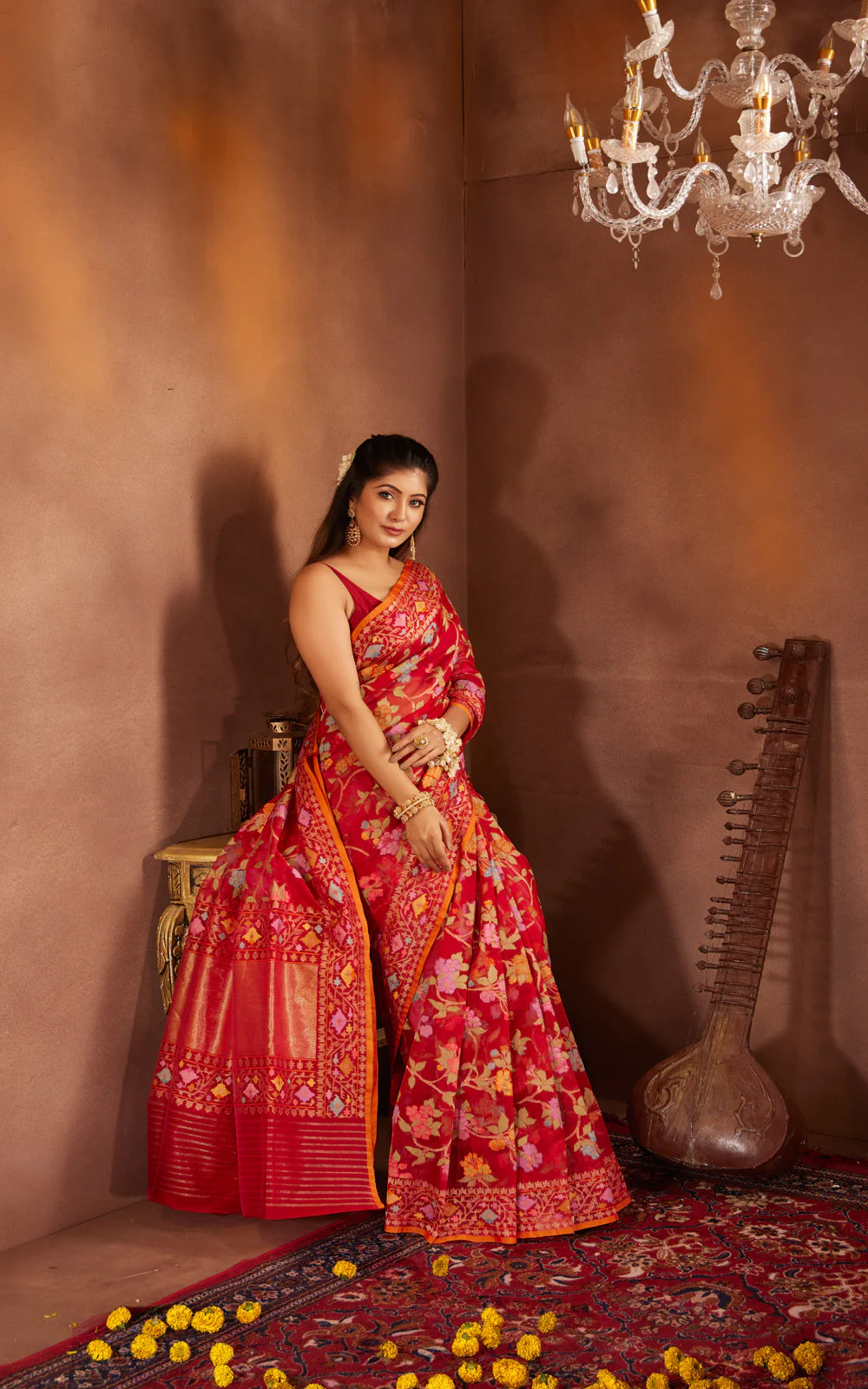 Red & Orange Real Zari Banarasi Kora Saree With Jandani Weaves - Image 4