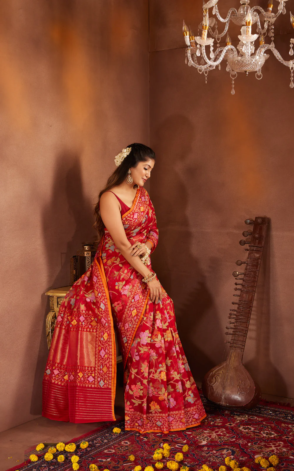 Red & Orange Real Zari Banarasi Kora Saree With Jandani Weaves - Image 5