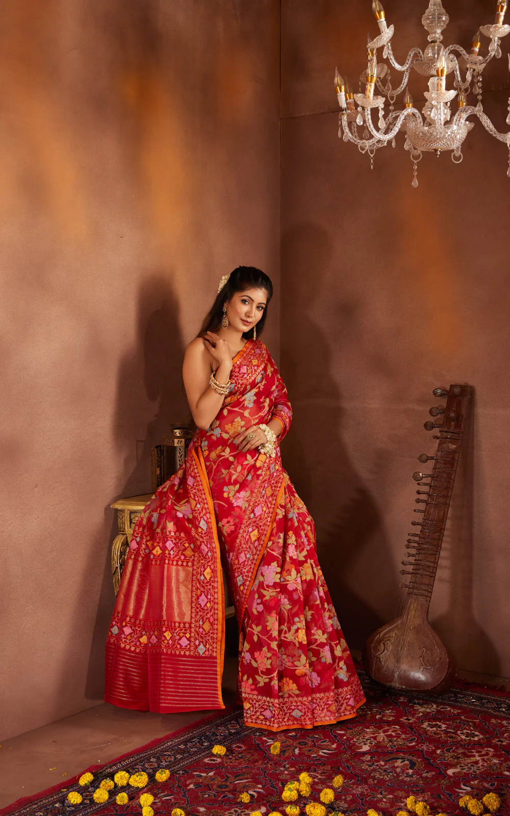 Red & Orange Real Zari Banarasi Kora Saree With Jandani Weaves - Image 6