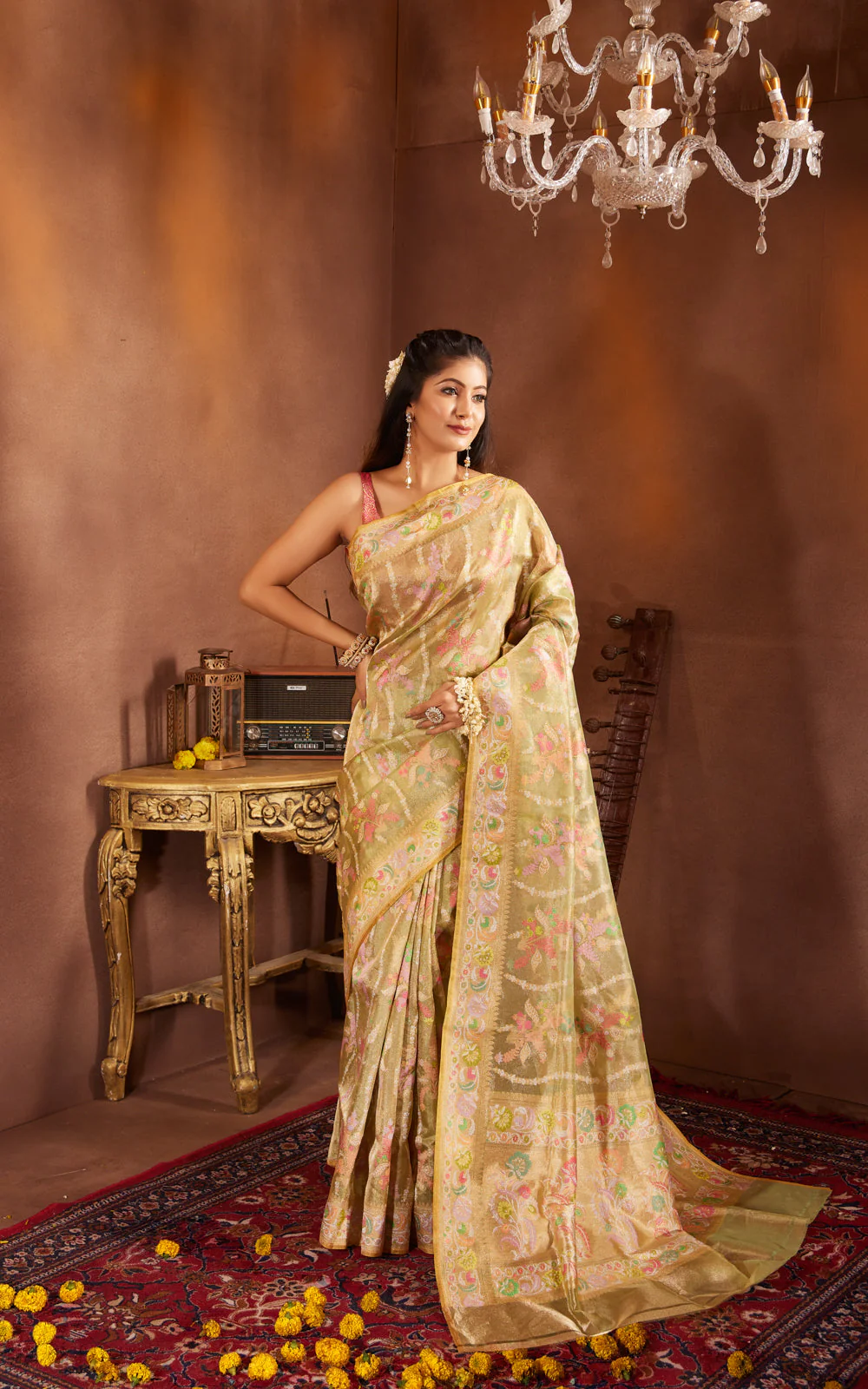Lime Green & Yellow Real Zari Tissue Silk Banarasi Kora Saree With Jamdani Weaves - Image 3