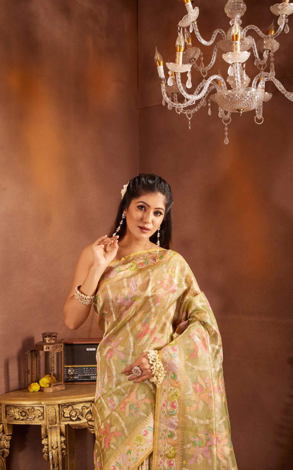 Lime Green & Yellow Real Zari Tissue Silk Banarasi Kora Saree With Jamdani Weaves - Image 4