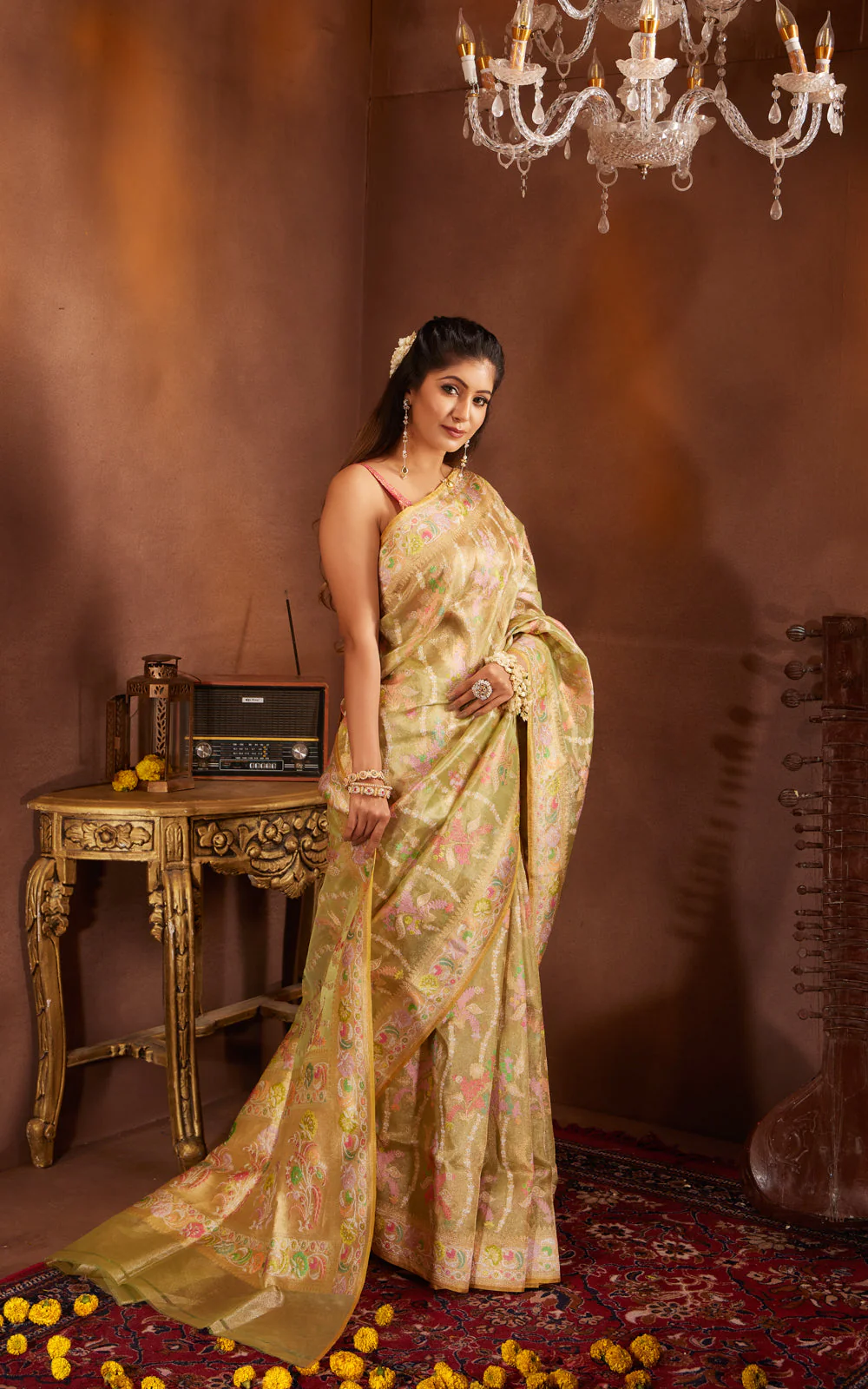 Lime Green & Yellow Real Zari Tissue Silk Banarasi Kora Saree With Jamdani Weaves - Image 6