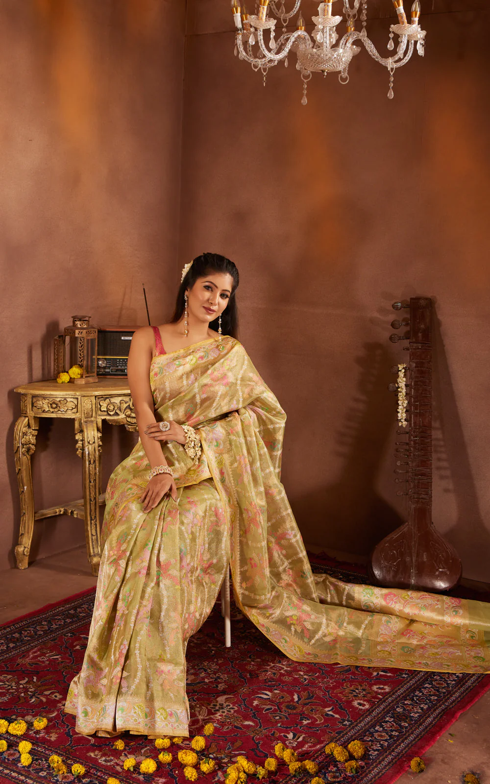 Lime Green & Yellow Real Zari Tissue Silk Banarasi Kora Saree With Jamdani Weaves - Image 7