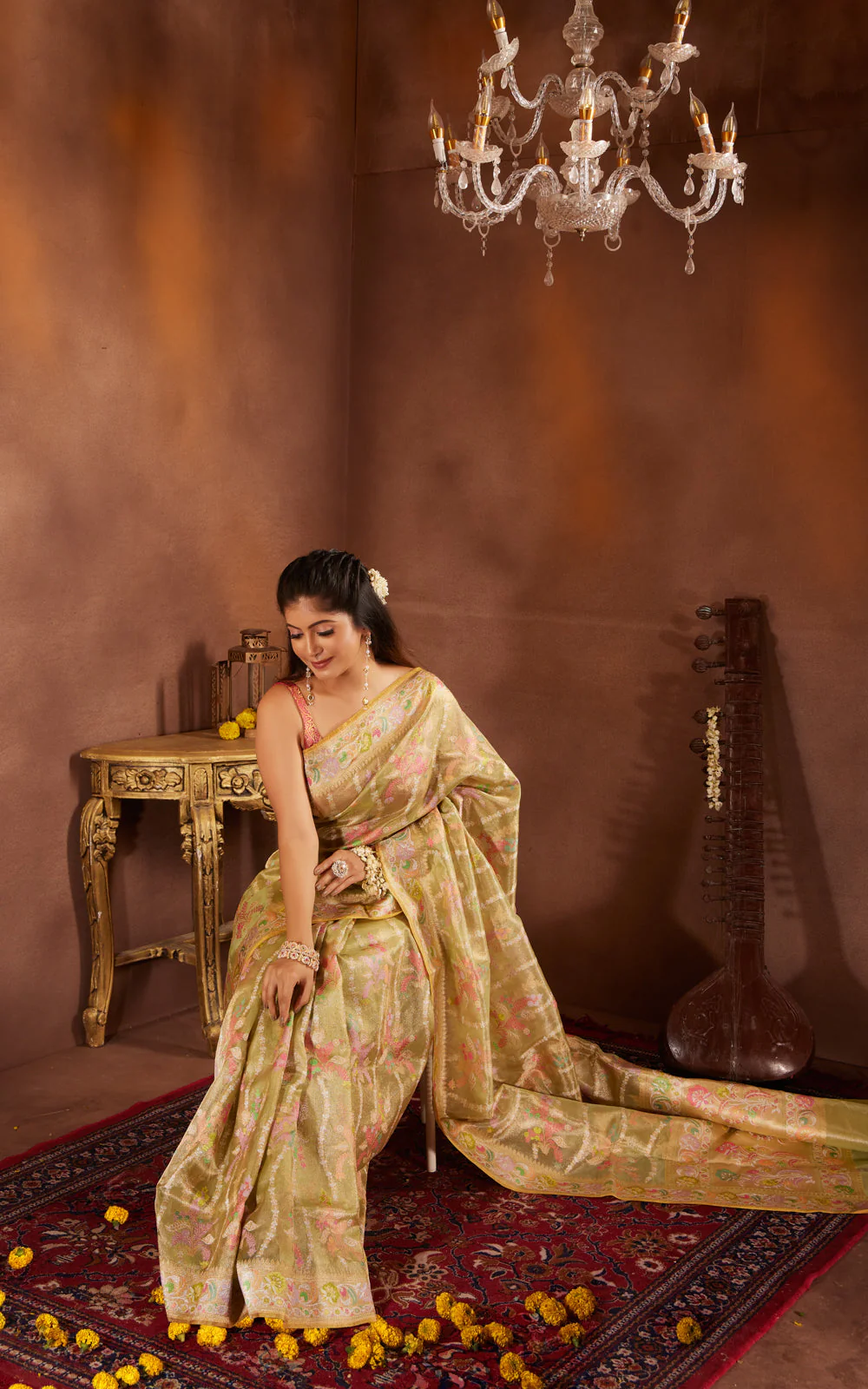 Lime Green & Yellow Real Zari Tissue Silk Banarasi Kora Saree With Jamdani Weaves - Image 8