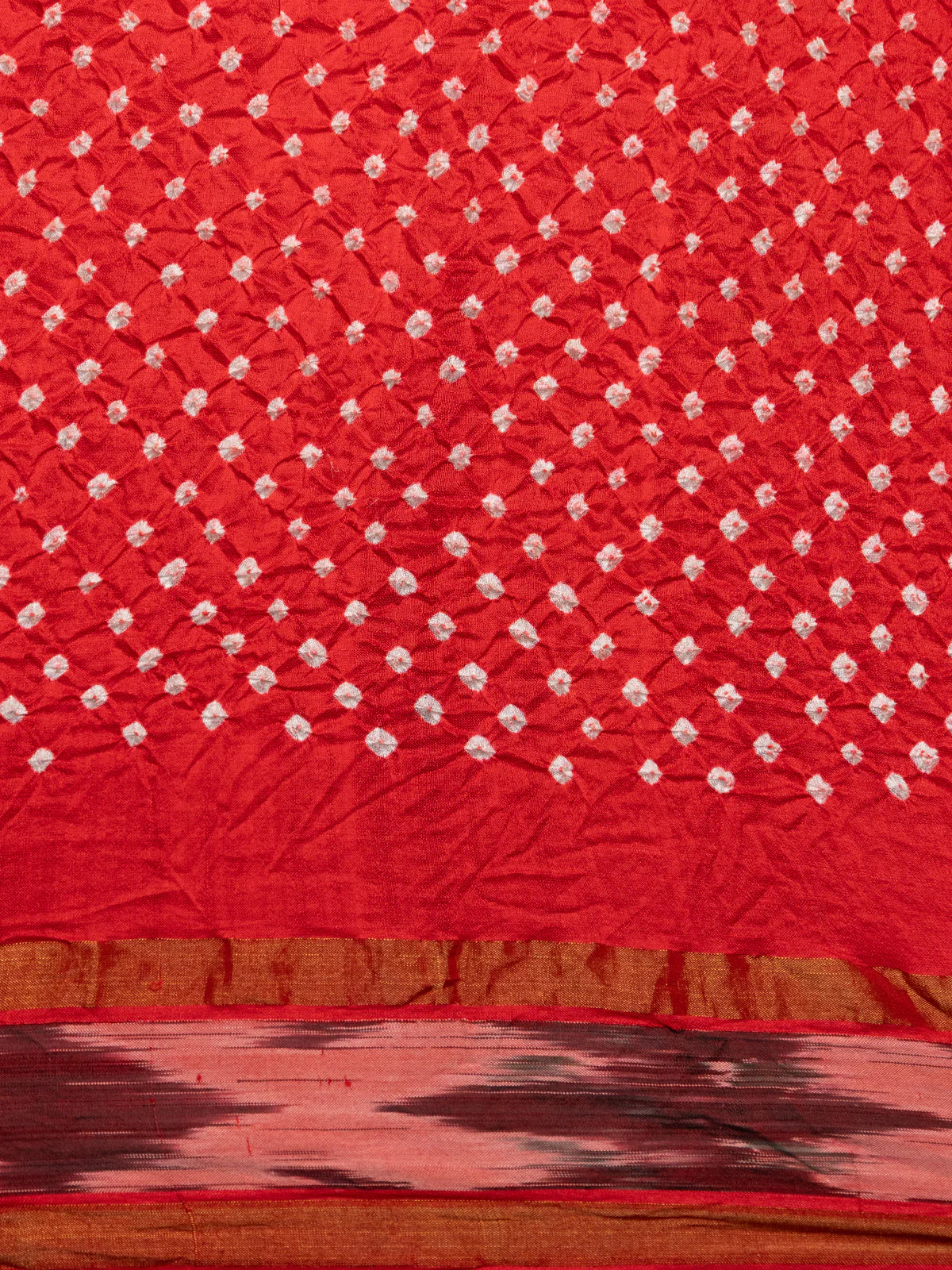 Red Tussar Silk Saree With Bandhej And Kantha Work - Image 5