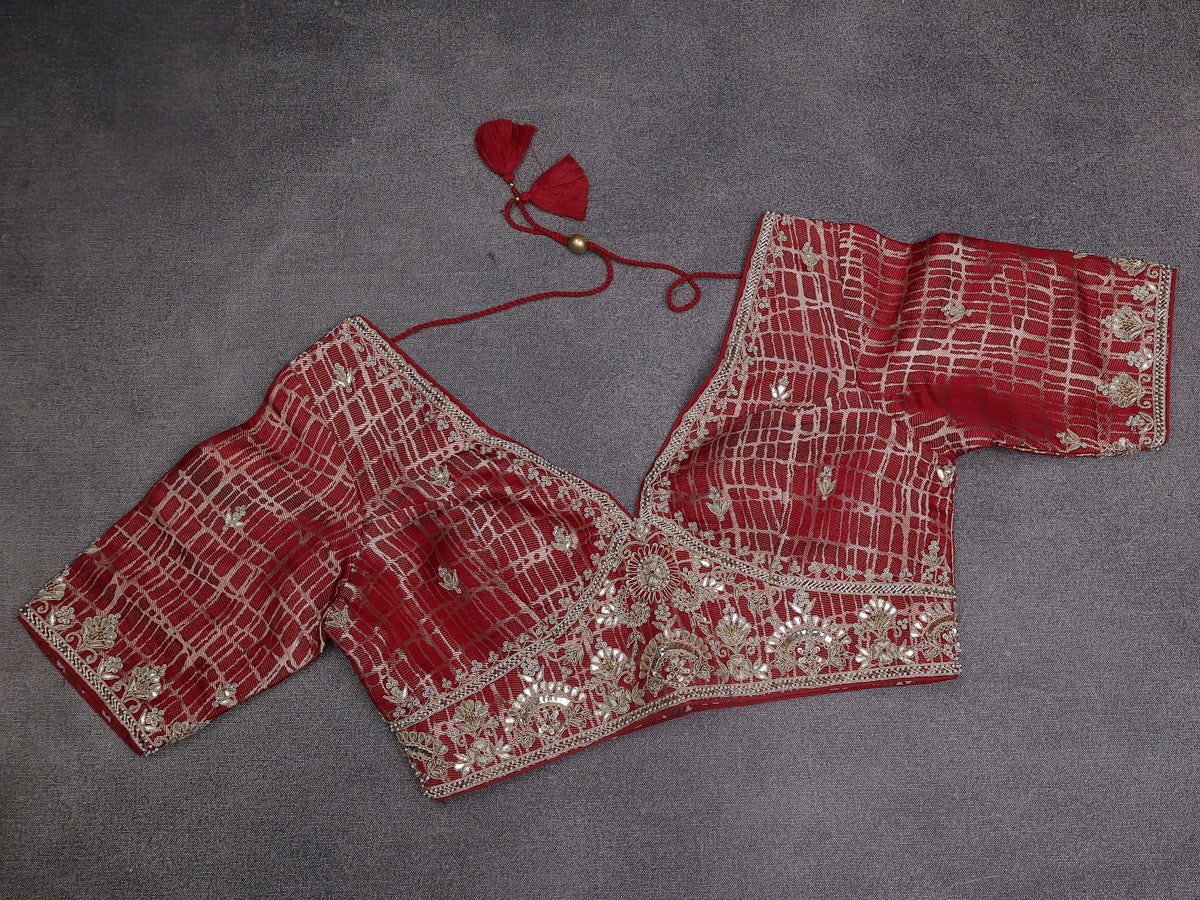 Red Chiniya Silk Saree With Embroidery Readymade Blouse - Image 6