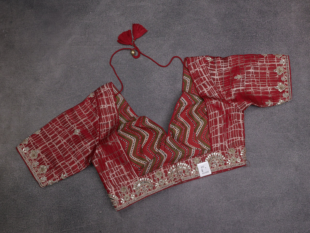 Red Chiniya Silk Saree With Embroidery Readymade Blouse - Image 7