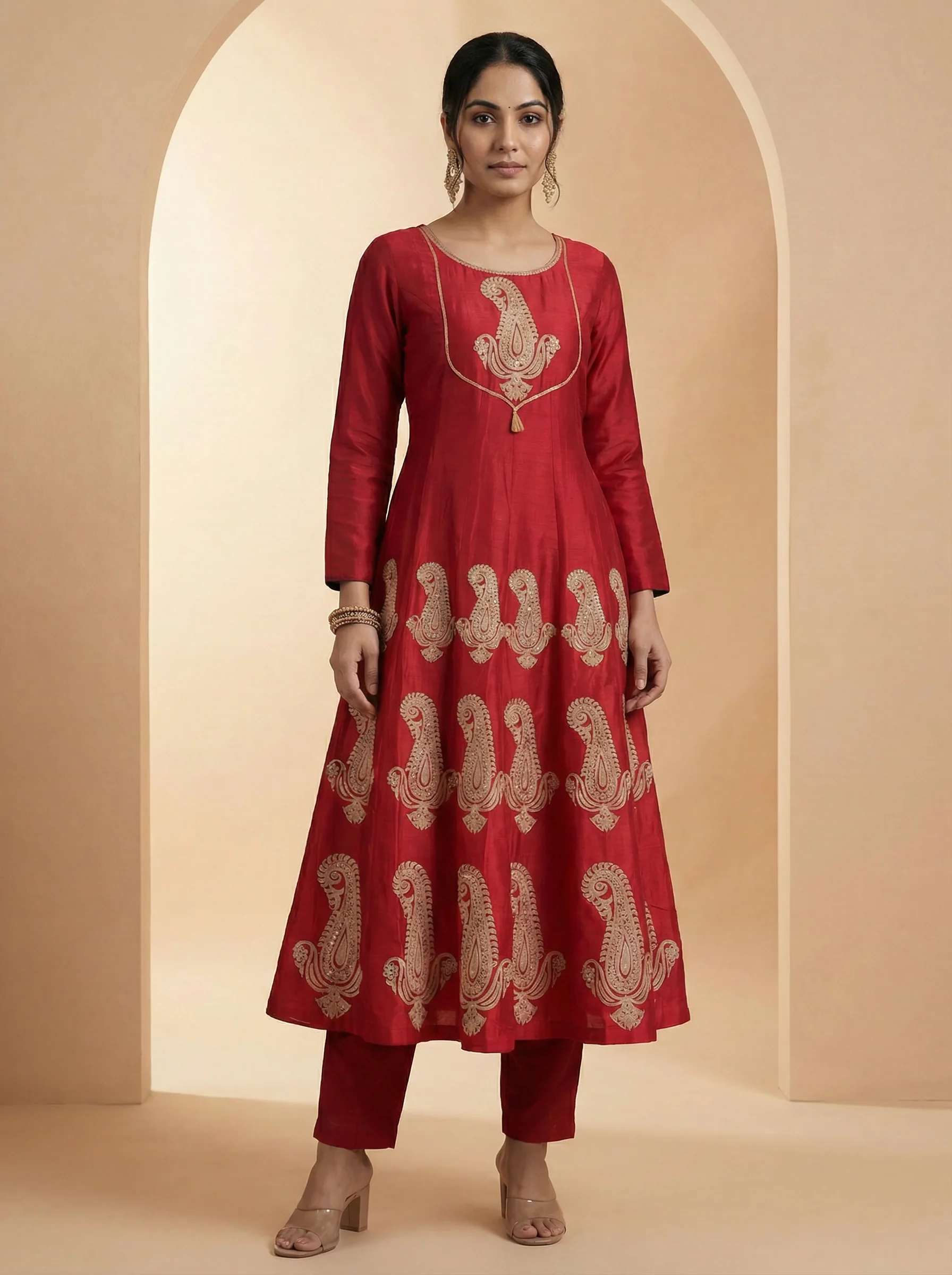 Red Embroidered Silk Anarkali Suit With Pant And Dupatta - Image 2