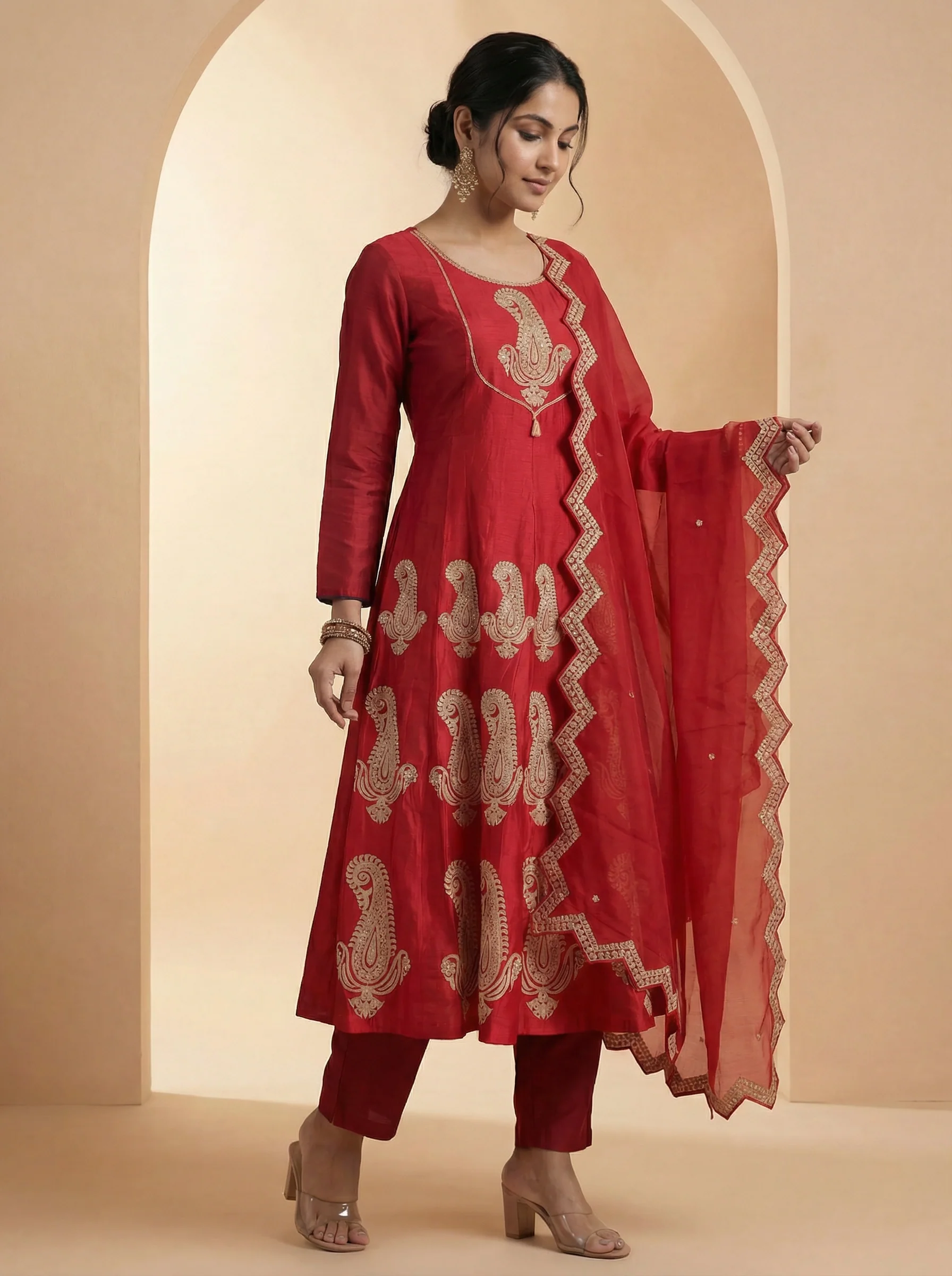 Red Embroidered Silk Anarkali Suit With Pant And Dupatta - Image 3