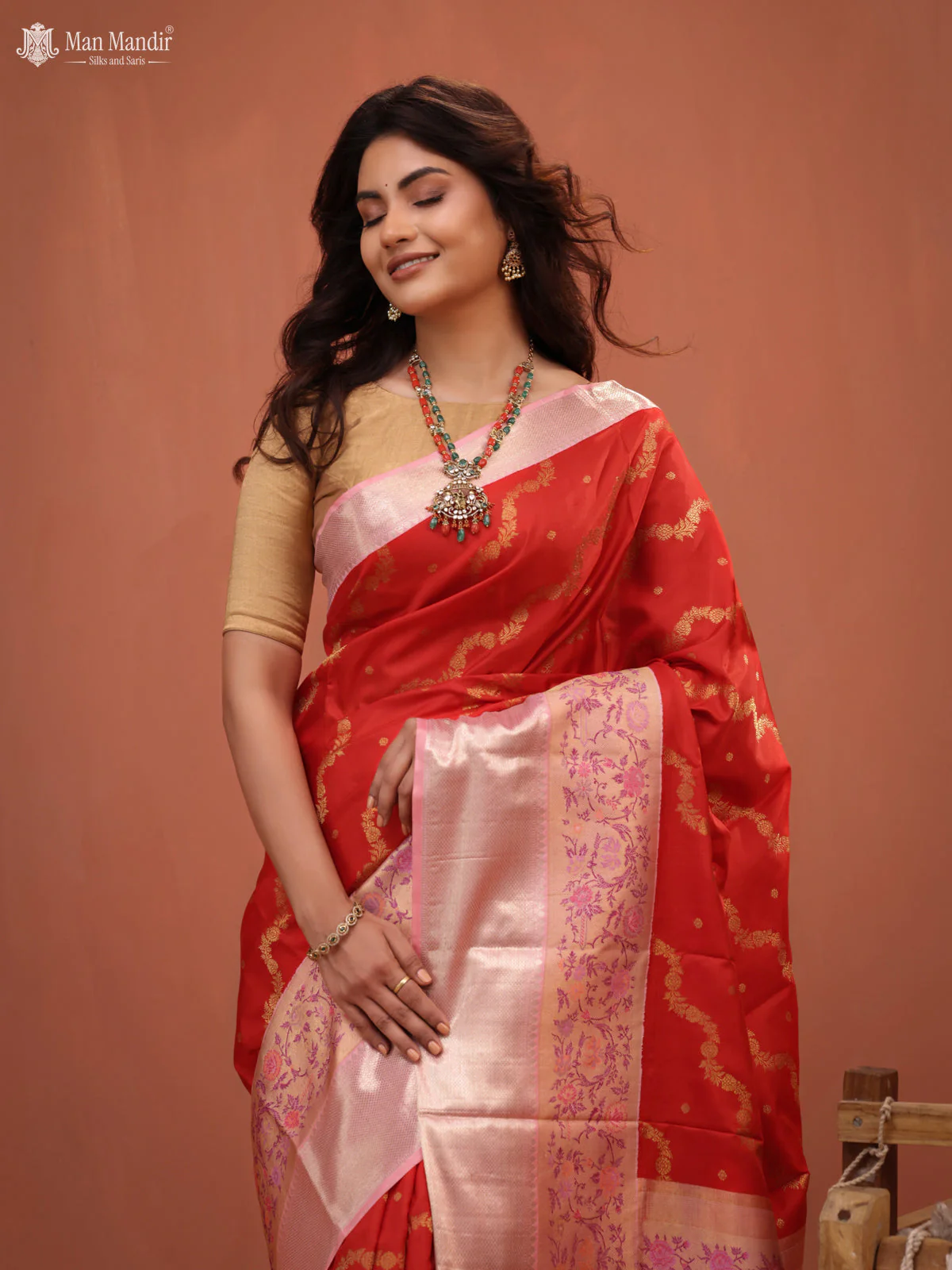 Red - Mild Peach Kanchipuram Silk Saree - Image 2