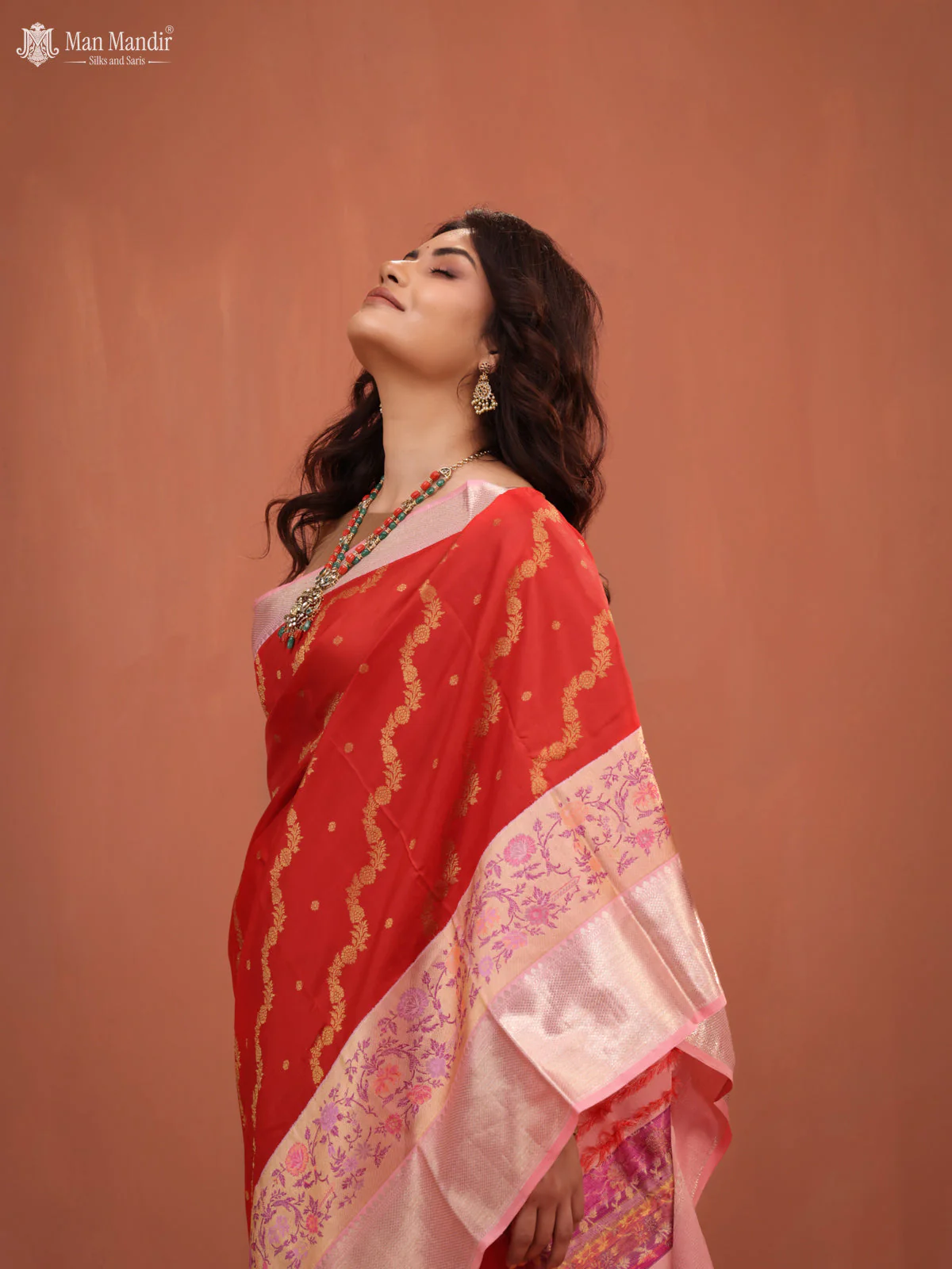 Red - Mild Peach Kanchipuram Silk Saree - Image 4