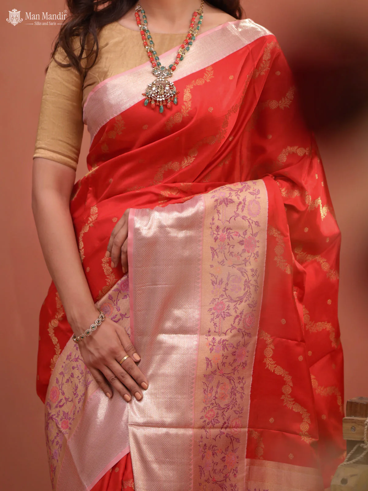 Red - Mild Peach Kanchipuram Silk Saree - Image 5