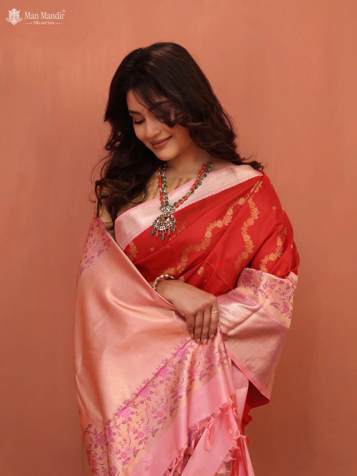 Red - Mild Peach Kanchipuram Silk Saree - Image 6