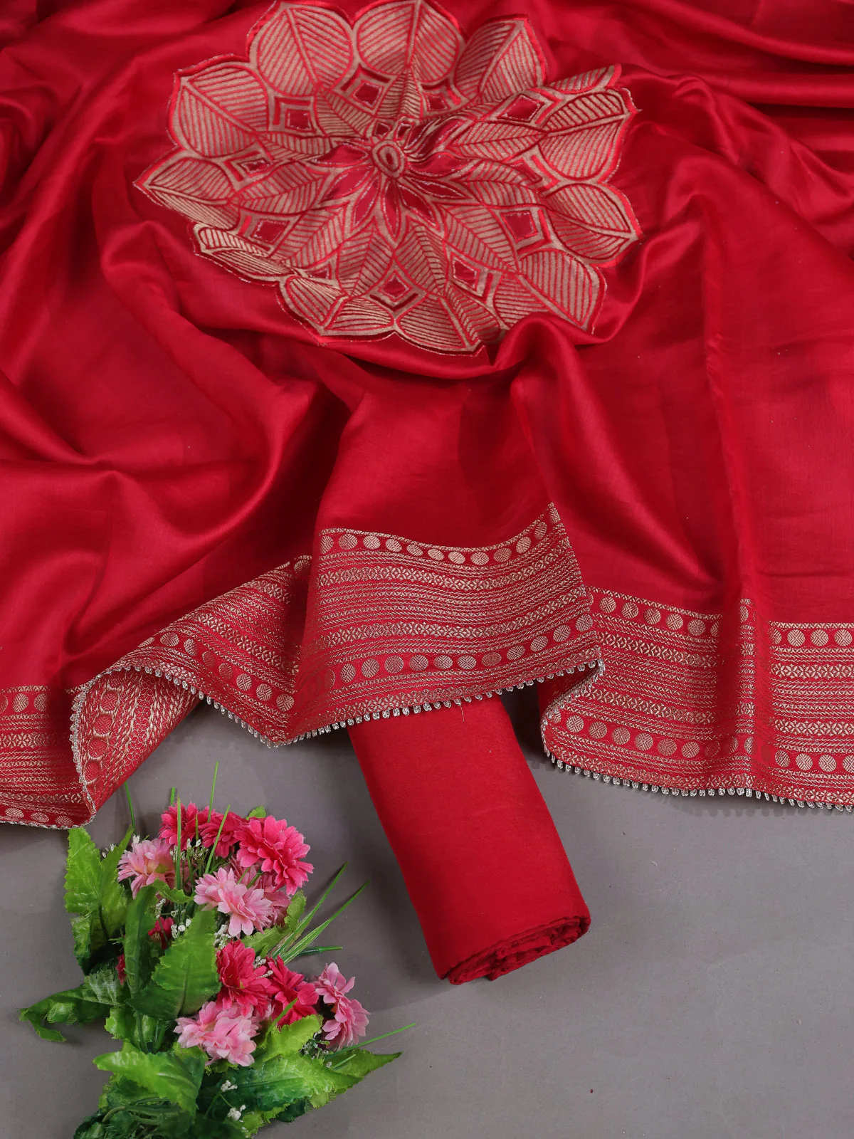 Red Mul Chanderi Stitched Suit - Image 2