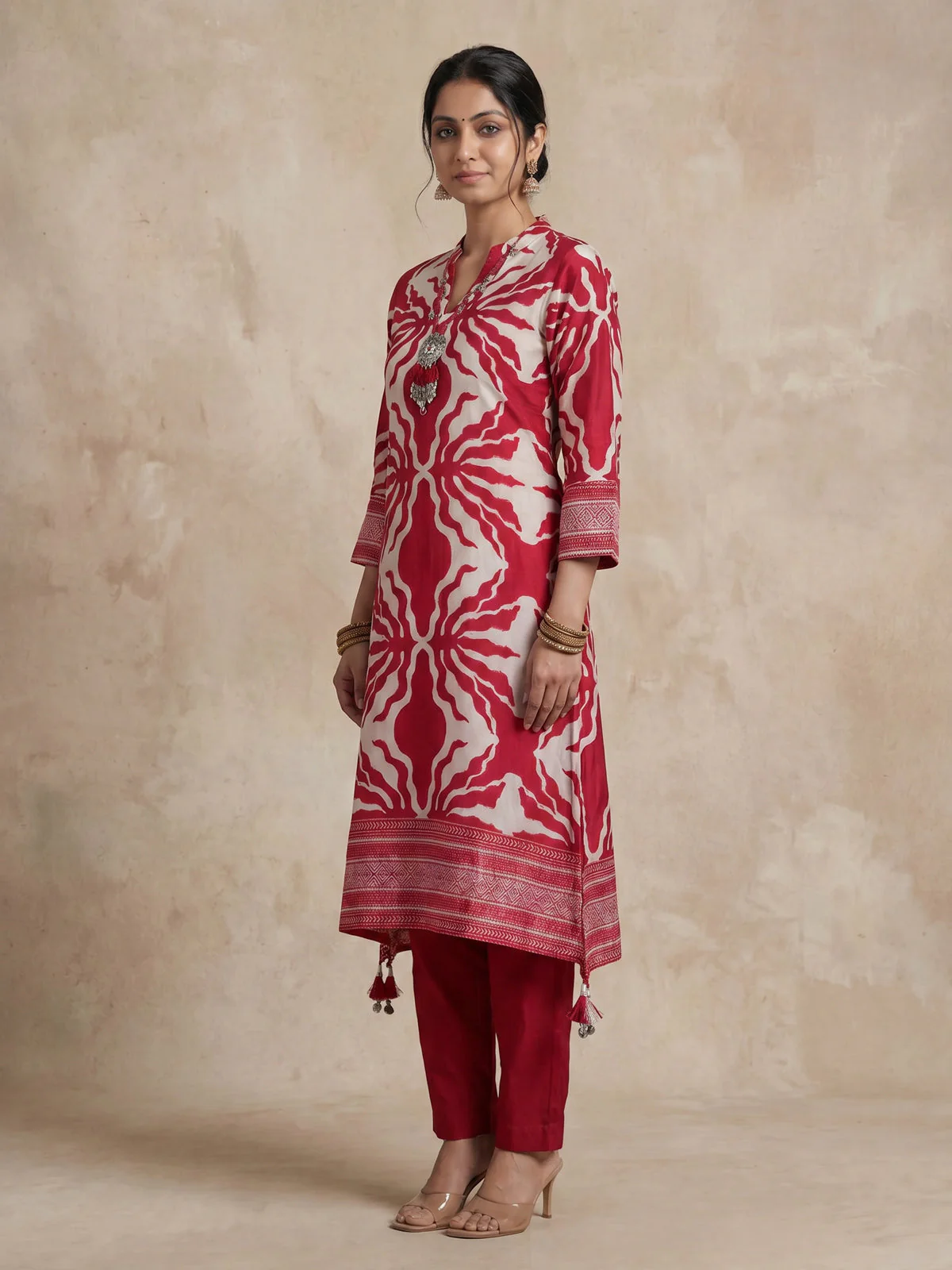 Red Muslin Tail cut Kurti and Pant Set - Image 2