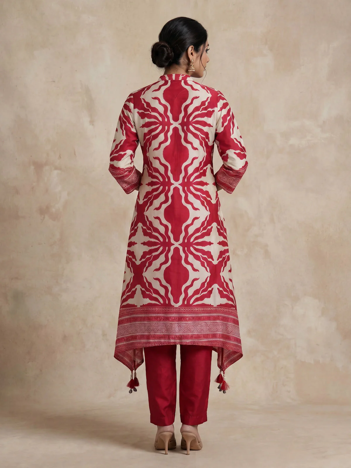Red Muslin Tail cut Kurti and Pant Set - Image 3