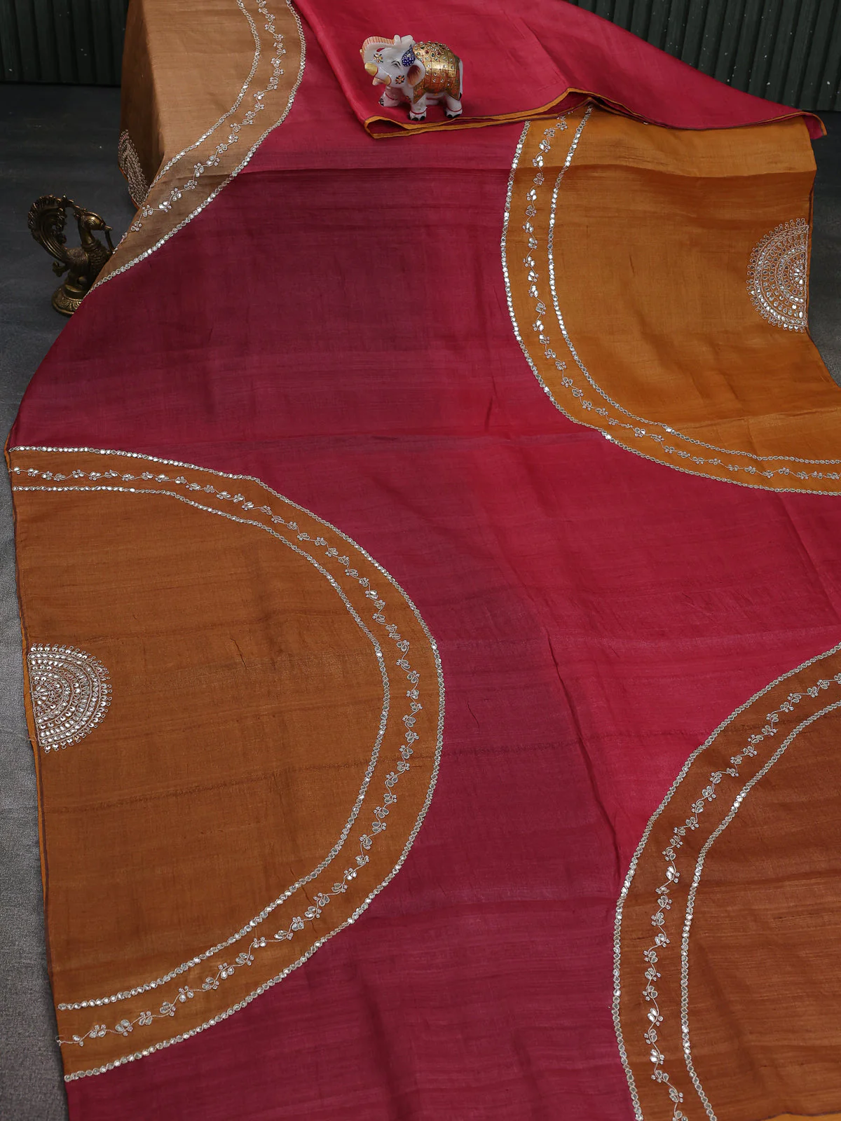 Red-Mustard Tussar Silk Saree - Image 2