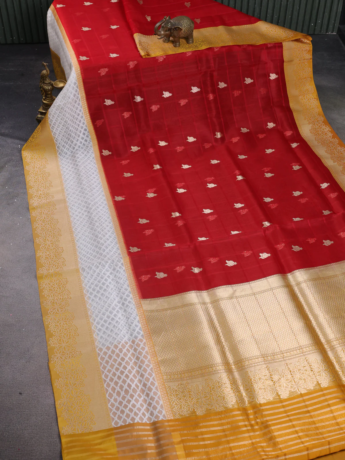 Red - Mustard Yellow Banarasi Kora Silk Saree With Zari Butta Floral Motifi - Image 2