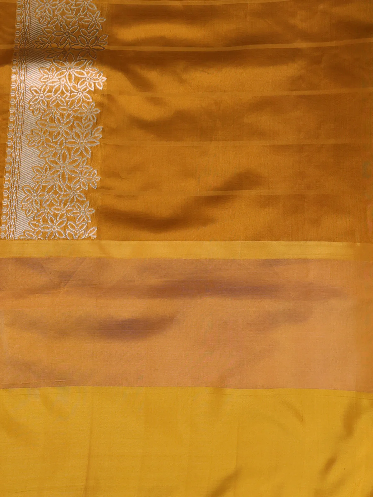 Red - Mustard Yellow Banarasi Kora Silk Saree With Zari Butta Floral Motifi - Image 4
