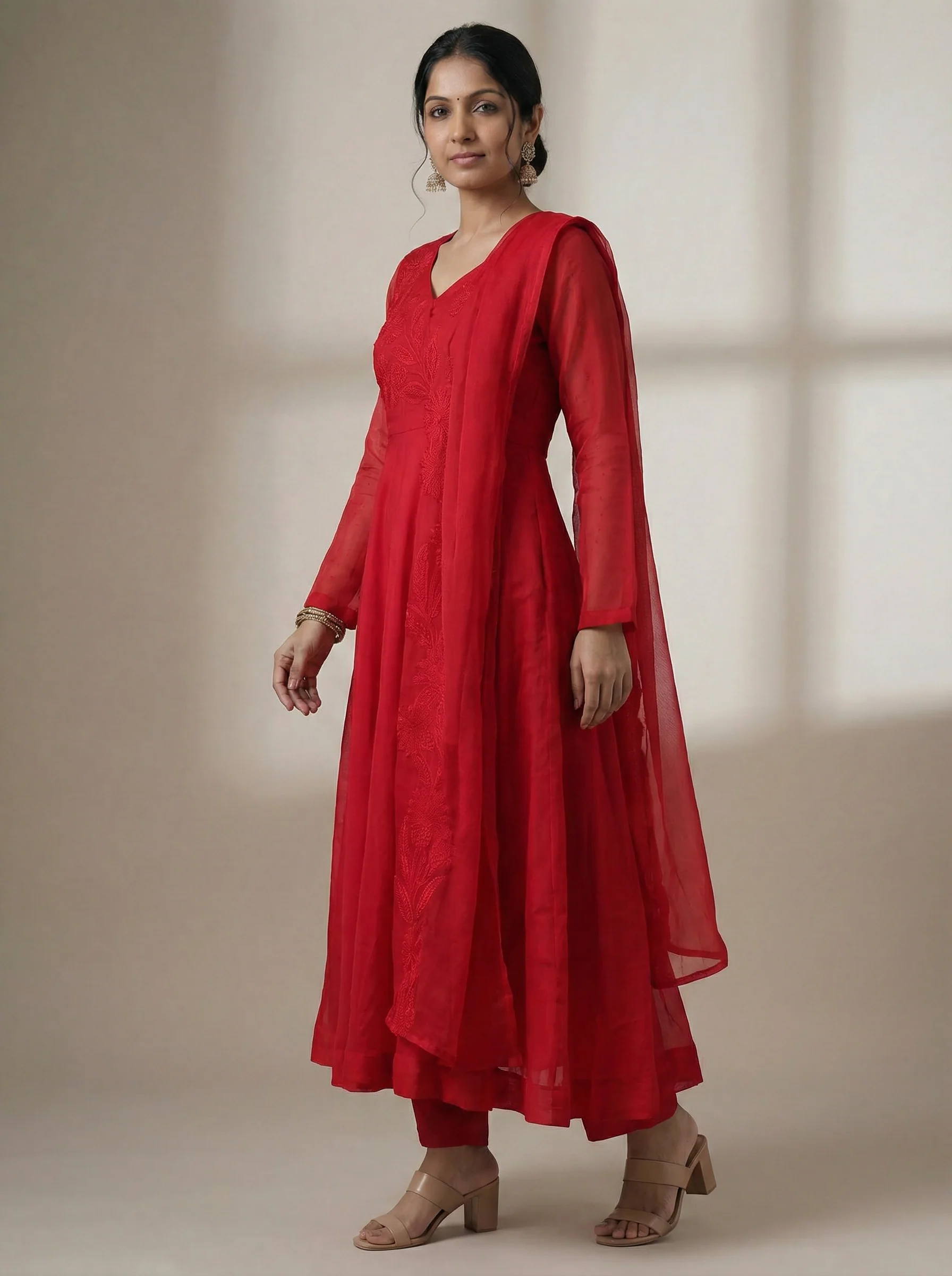 Red Organza Anarakali Suit Intricate Resham Work - Image 2