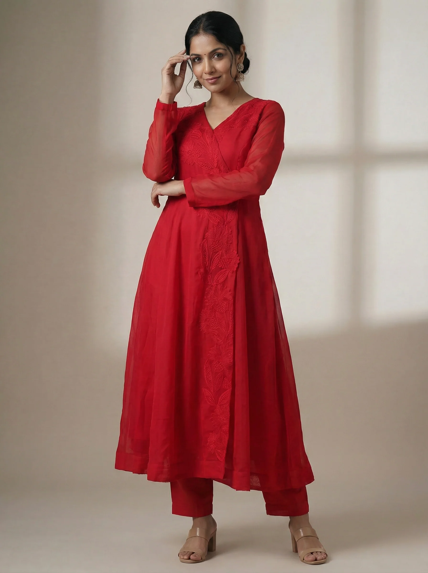 Red Organza Anarakali Suit Intricate Resham Work - Image 3