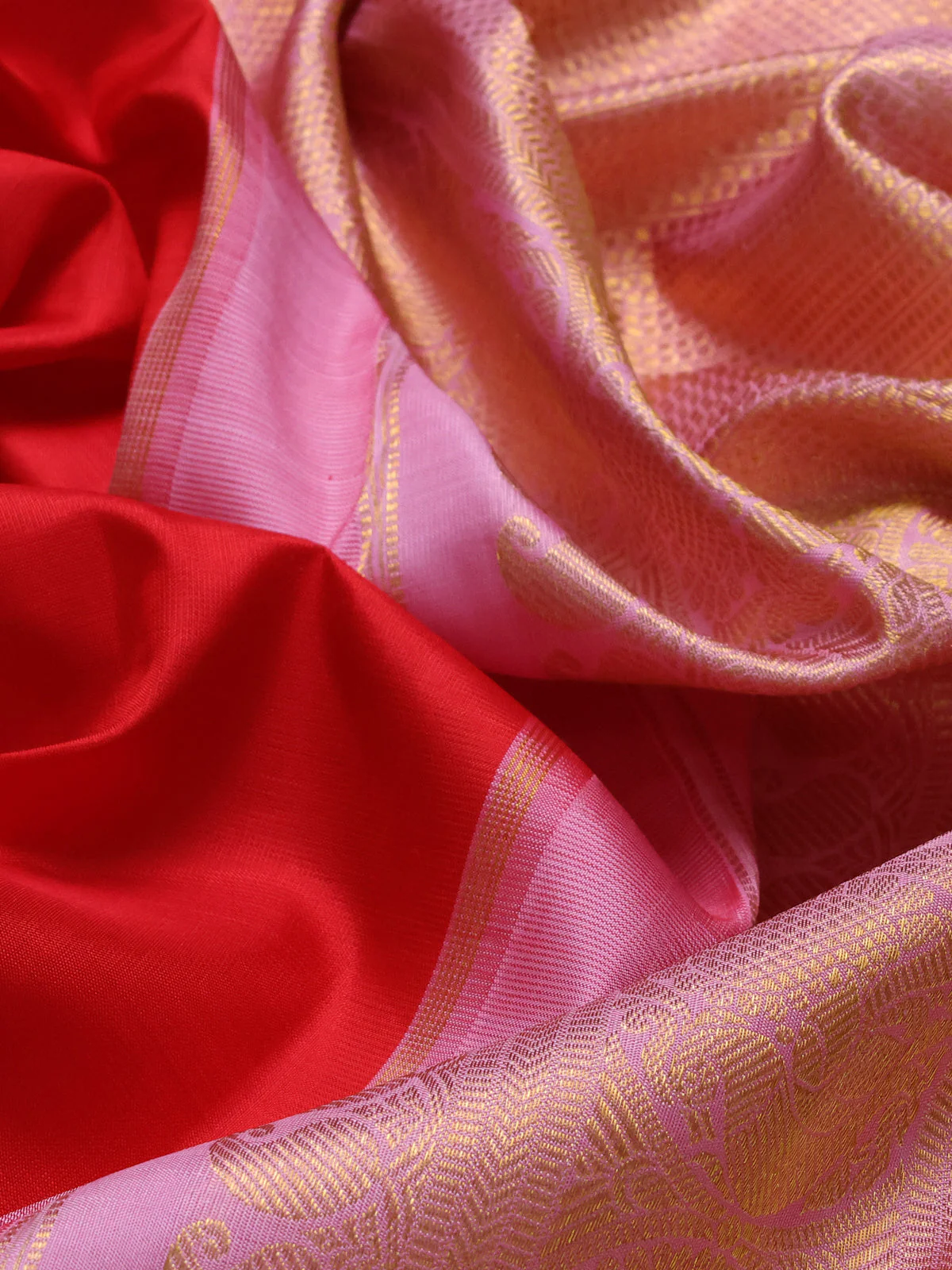 Red-Pastel Pink Pure Kanchipuram Silk Saree - Image 3
