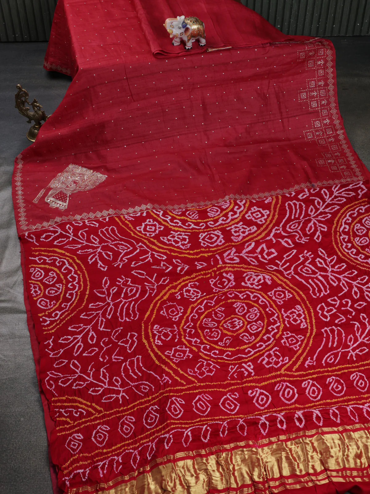 Red Pure Tussar Silk Saree With Zari Weaves & Kantha Stitch Work - Image 2