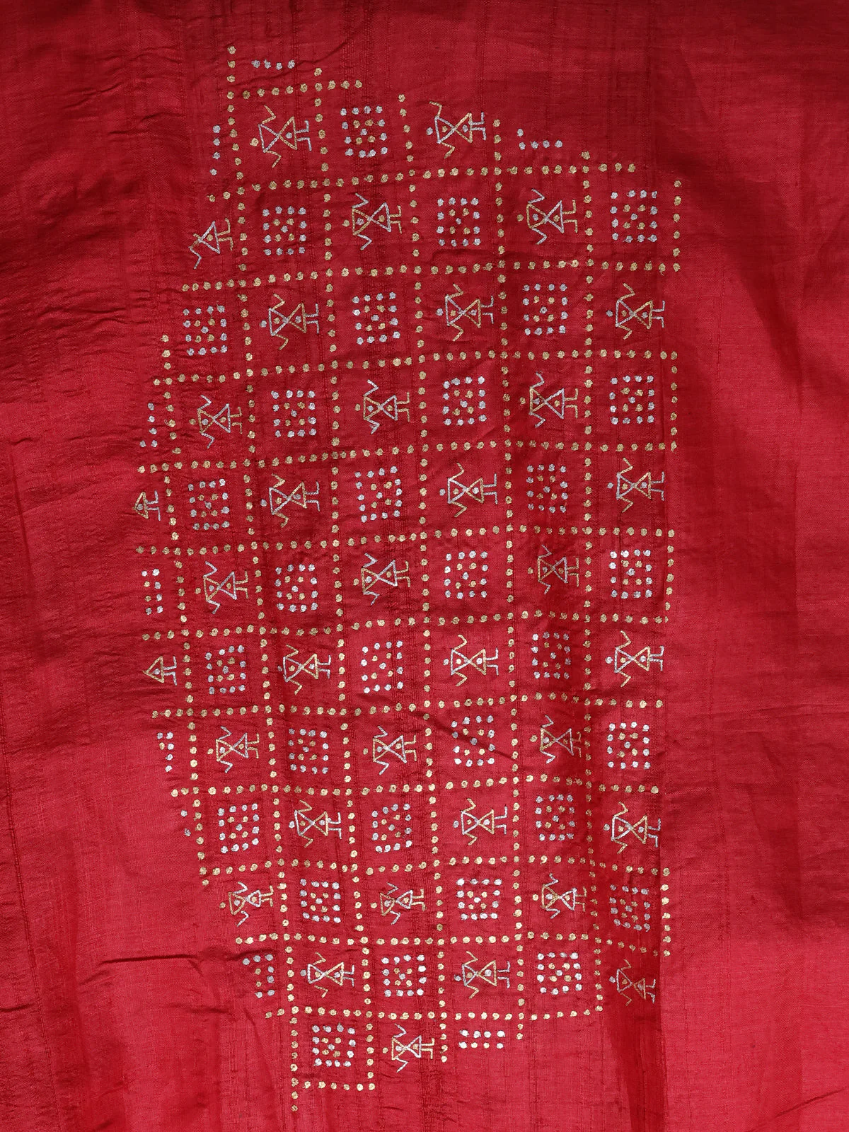 Red Pure Tussar Silk Saree With Zari Weaves & Kantha Stitch Work - Image 4