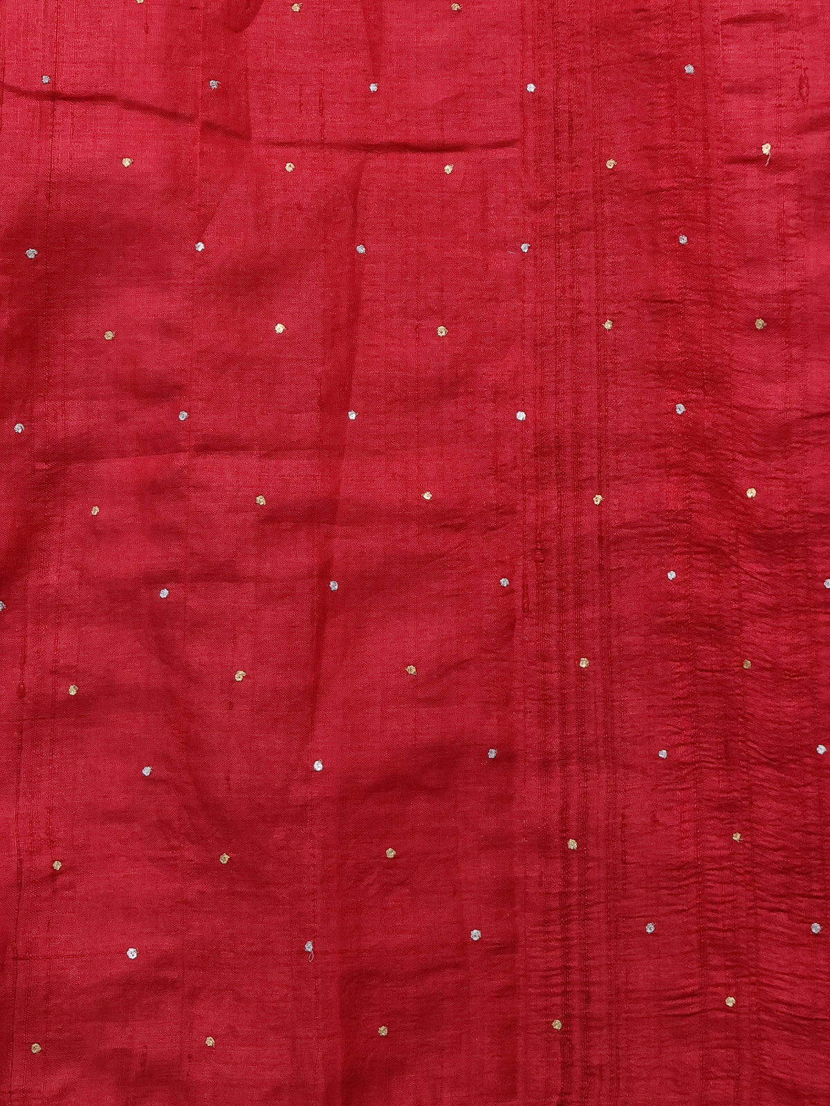 Red Pure Tussar Silk Saree With Zari Weaves & Kantha Stitch Work - Image 5