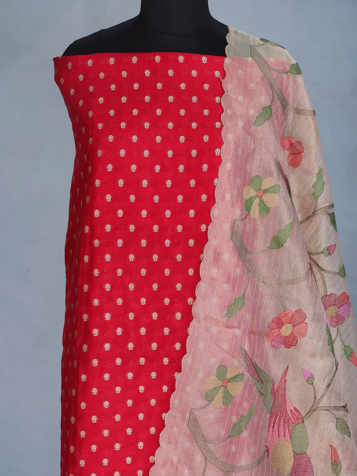 Red Raw Silk Unstitched Suit - Image 3