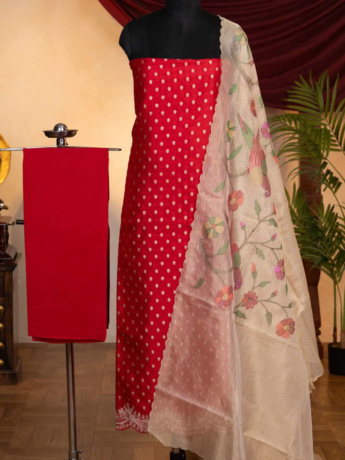 Red Raw Silk Unstitched Suit - Image 5