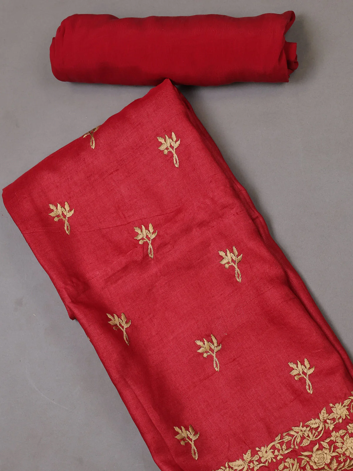 Red Tussar Silk Unstitched Suit - Image 2