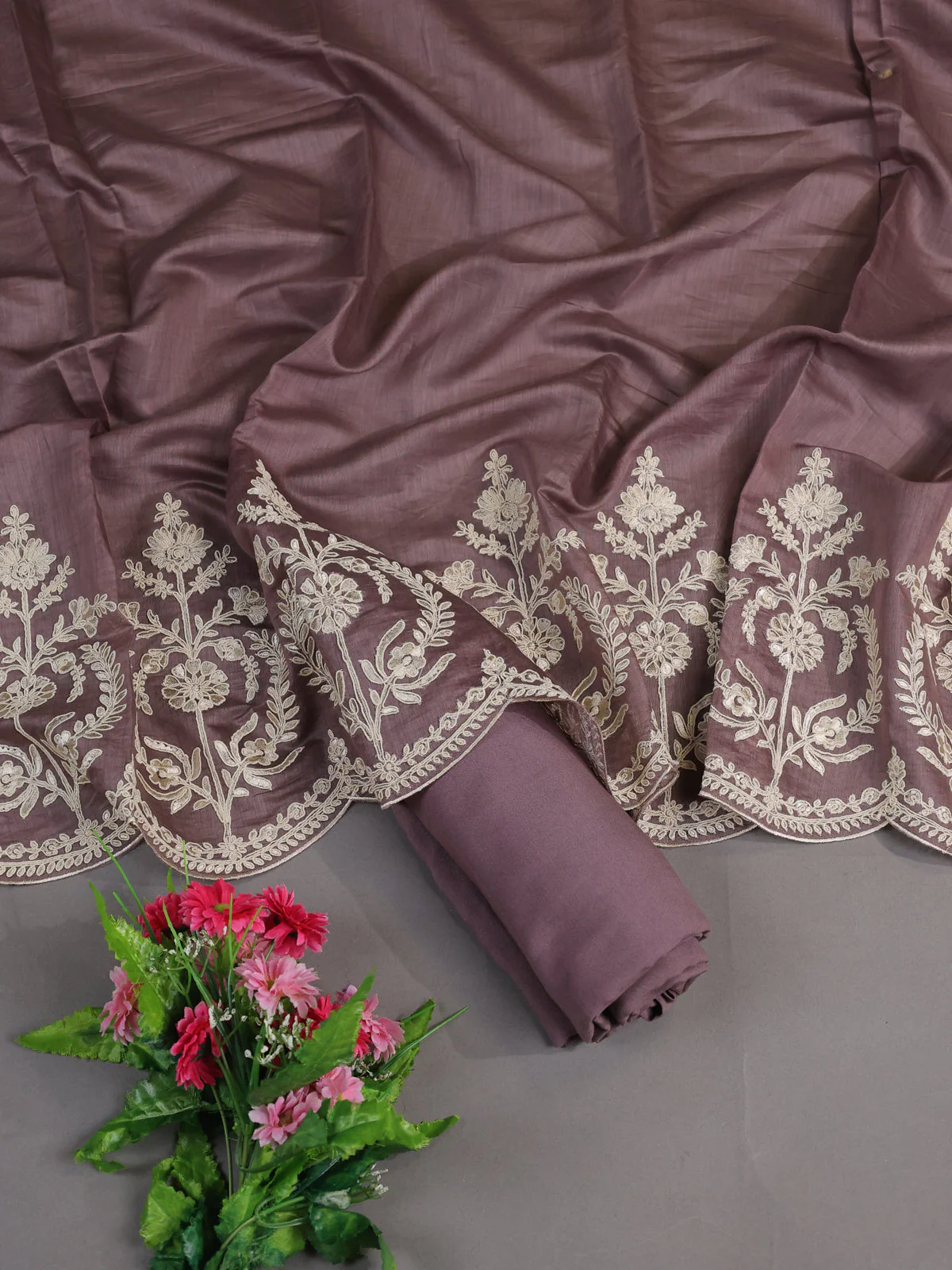 Rosy Brown Mul Chanderi Stitched Suit - Image 2