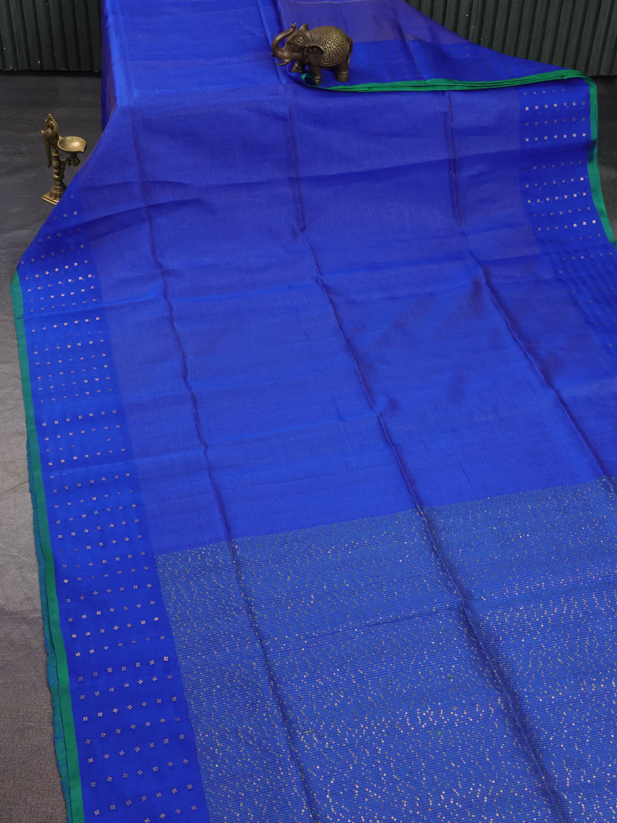 Royal Blue - Green Muslin Organza Saree - Image 2