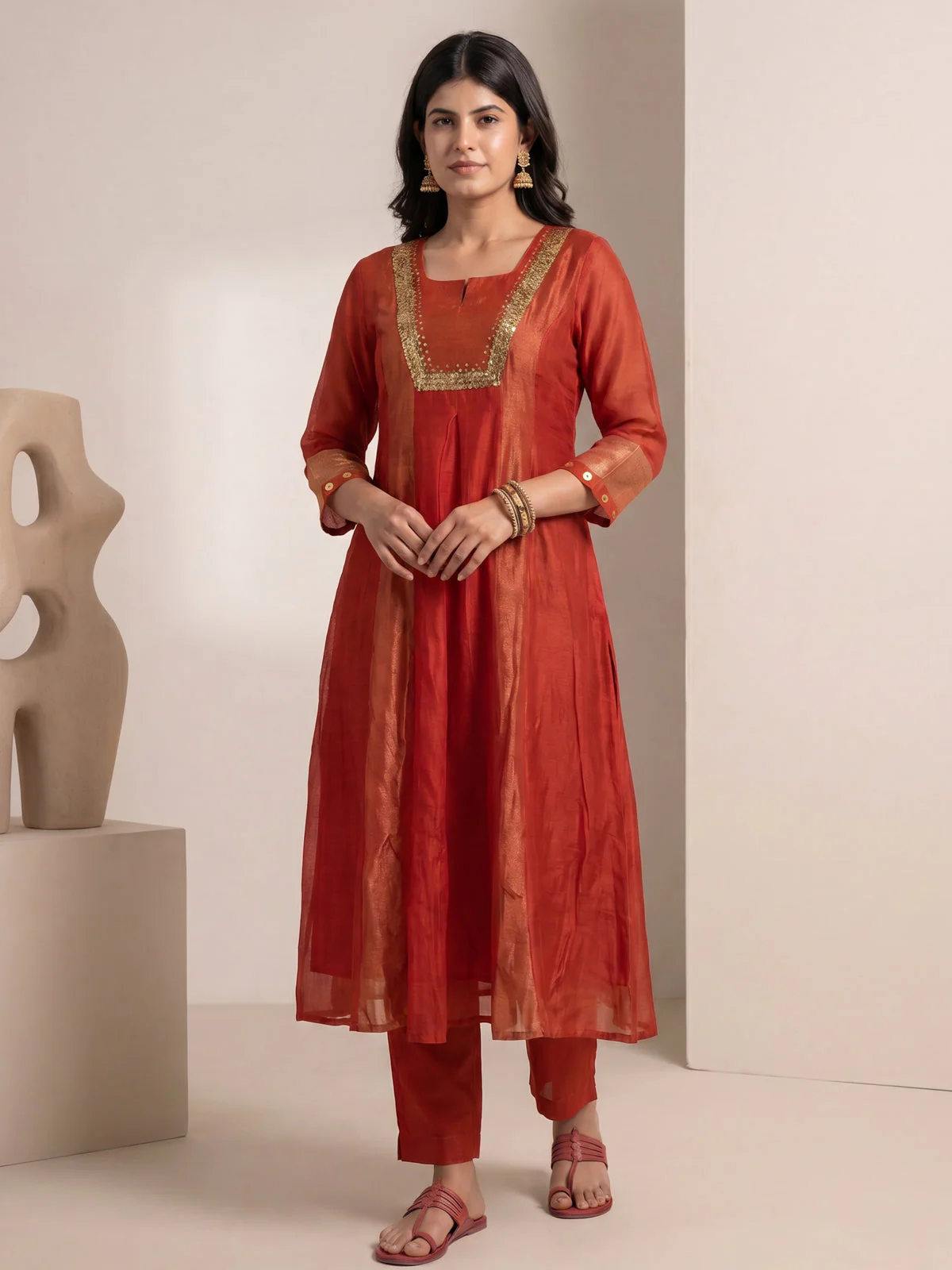 Rust Mul Chanderi Anarkali Suit - Image 2