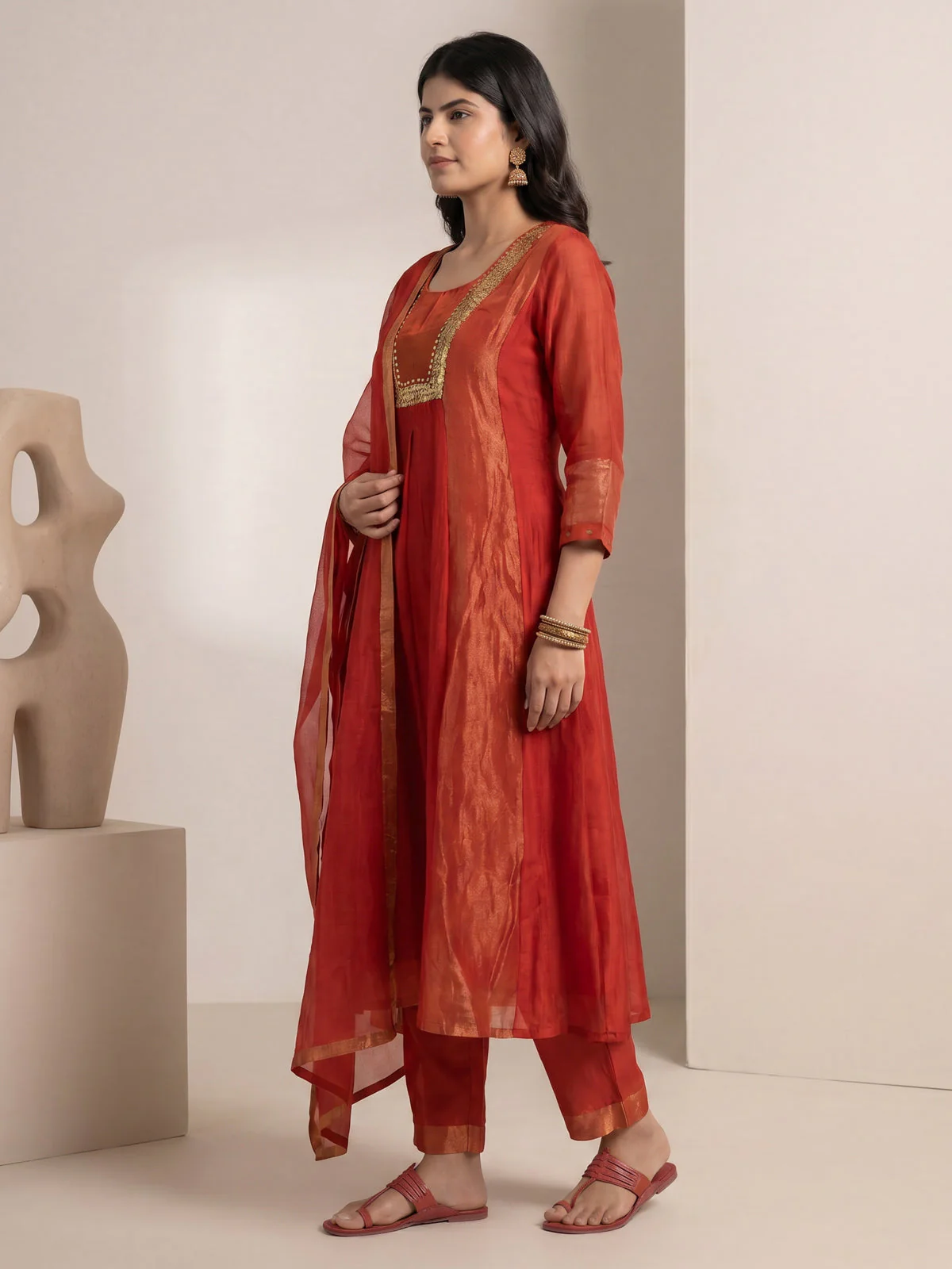 Rust Mul Chanderi Anarkali Suit - Image 3
