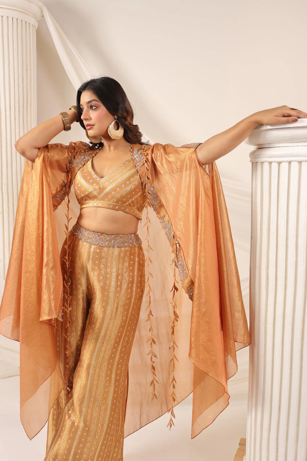 Rustic Orange Banarasi Silk Indo Western Crop Top And Pant With Embellish Cape & Belt - Image 10