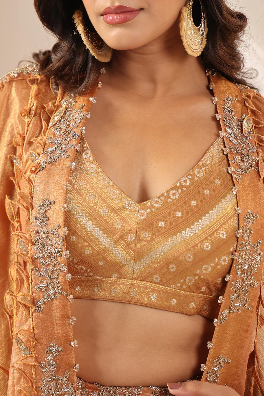 Rustic Orange Banarasi Silk Indo Western Crop Top And Pant With Embellish Cape & Belt - Image 11
