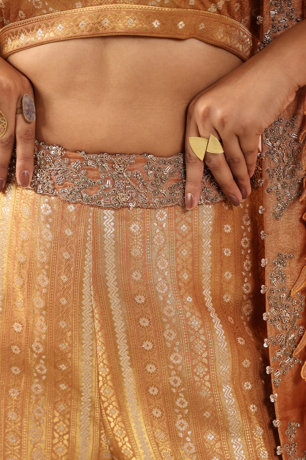 Rustic Orange Banarasi Silk Indo Western Crop Top And Pant With Embellish Cape & Belt - Image 12