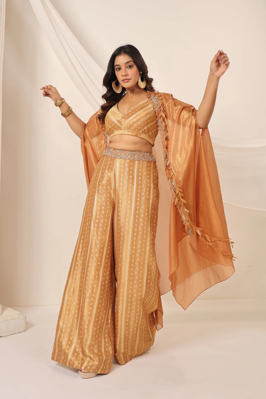 Rustic Orange Banarasi Silk Indo Western Crop Top And Pant With Embellish Cape & Belt - Image 13