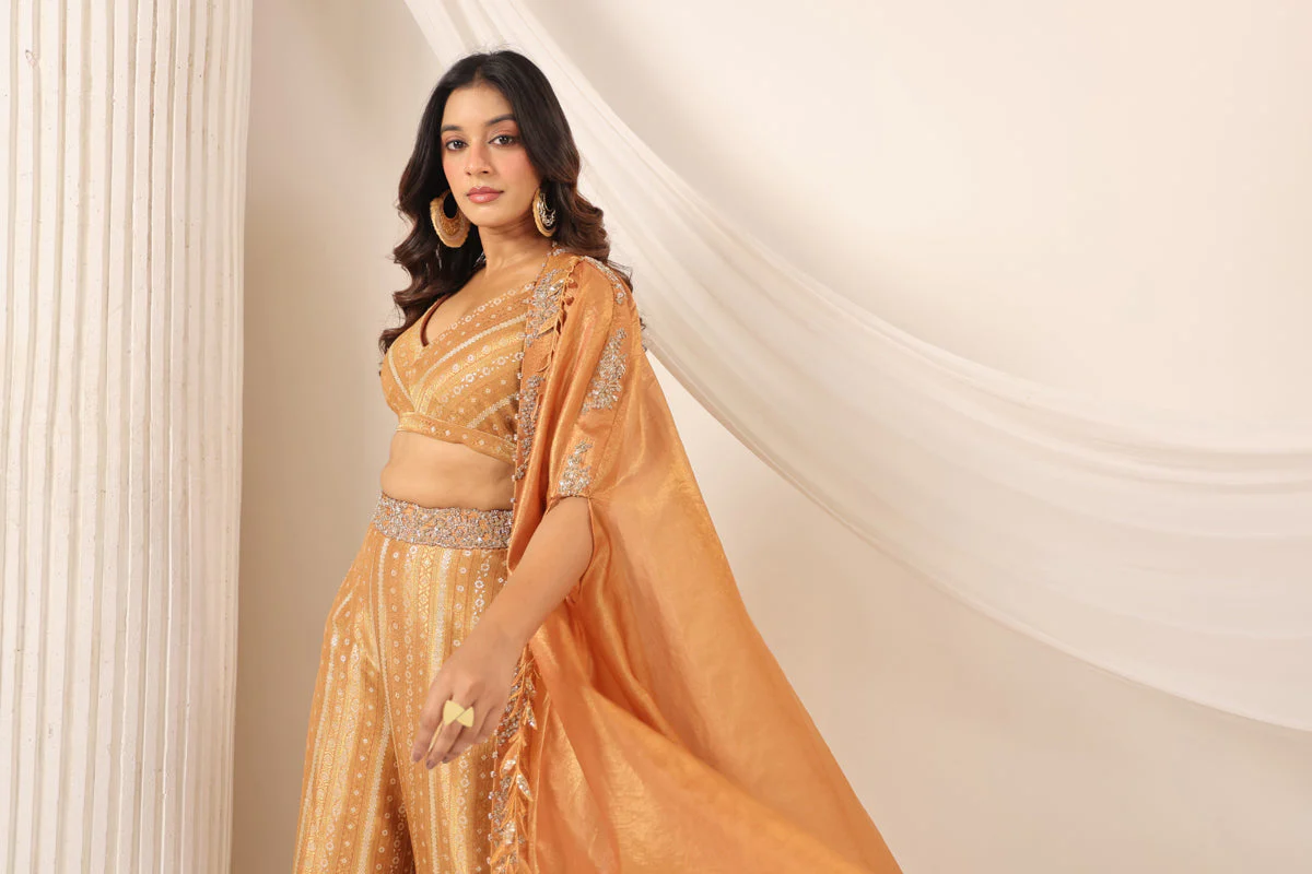 Rustic Orange Banarasi Silk Indo Western Crop Top And Pant With Embellish Cape & Belt - Image 14