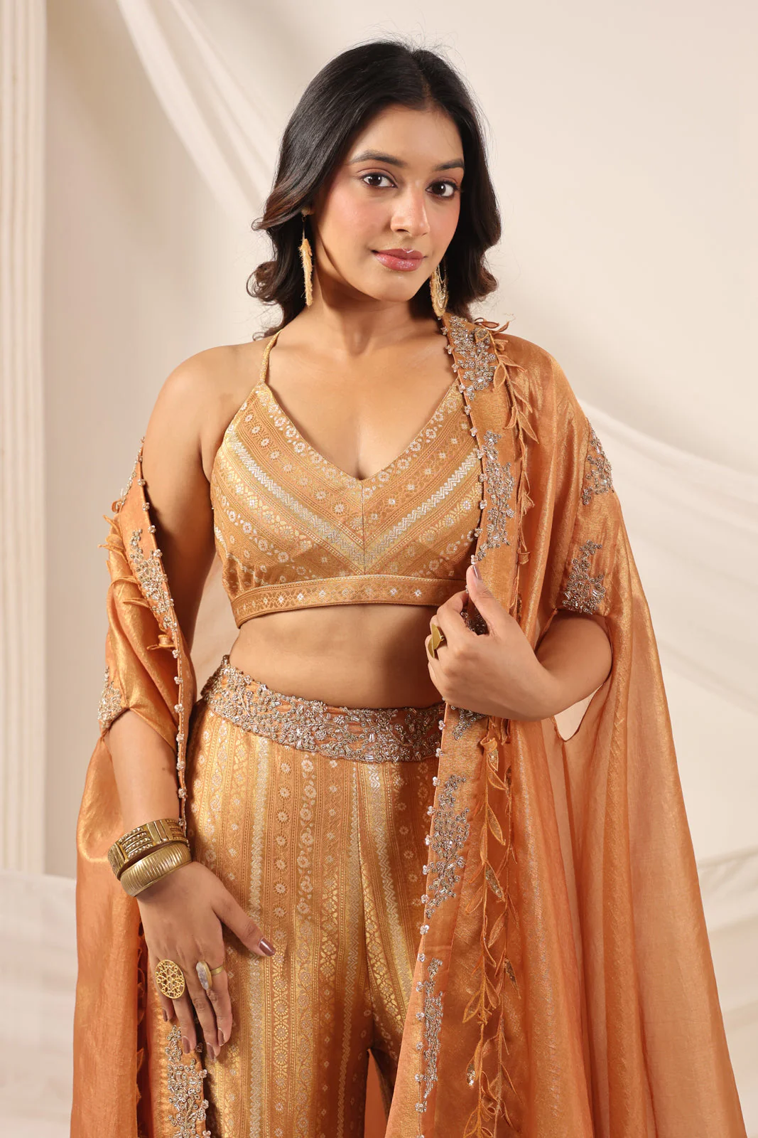 Rustic Orange Banarasi Silk Indo Western Crop Top And Pant With Embellish Cape & Belt - Image 15