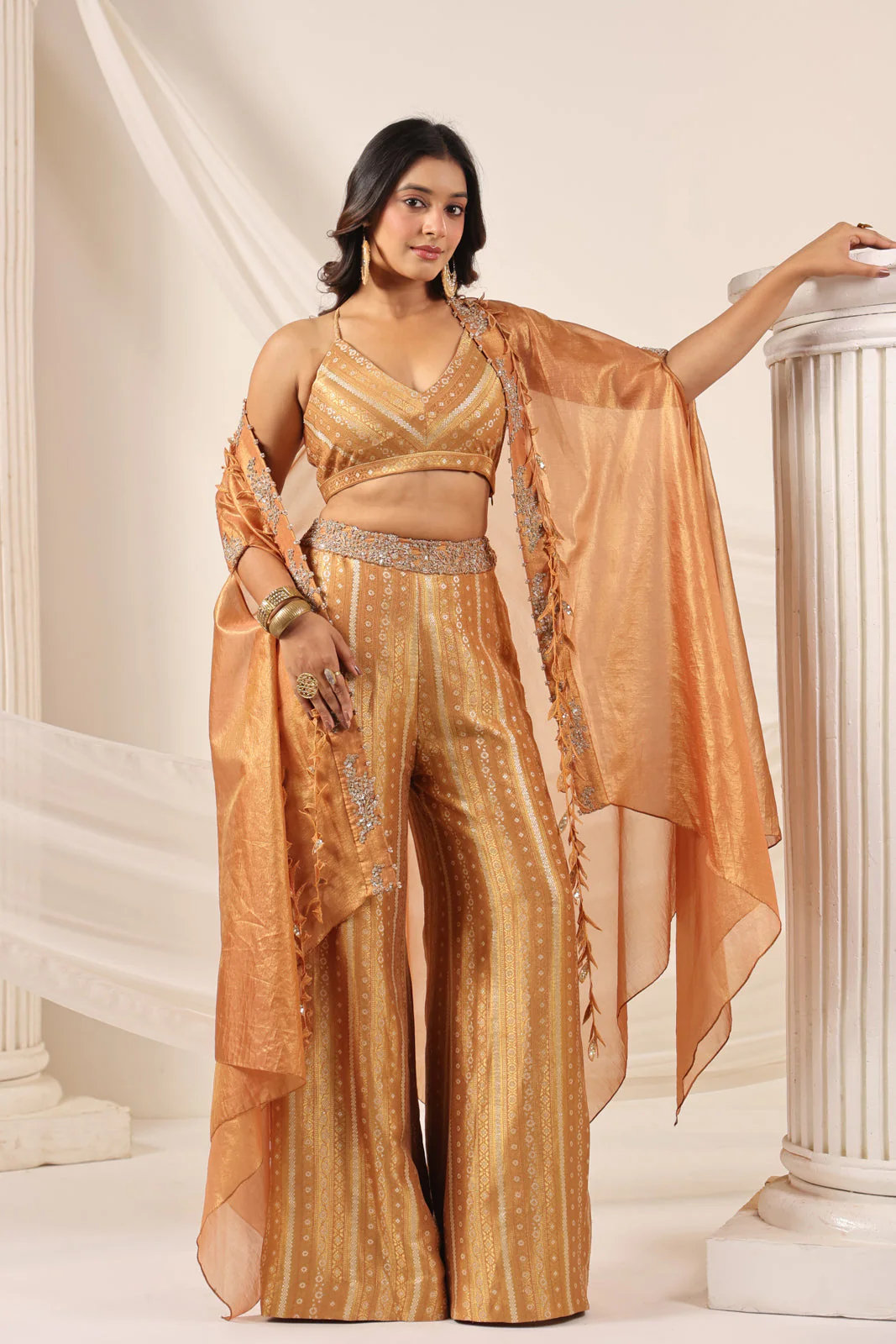 Rustic Orange Banarasi Silk Indo Western Crop Top And Pant With Embellish Cape & Belt - Image 16