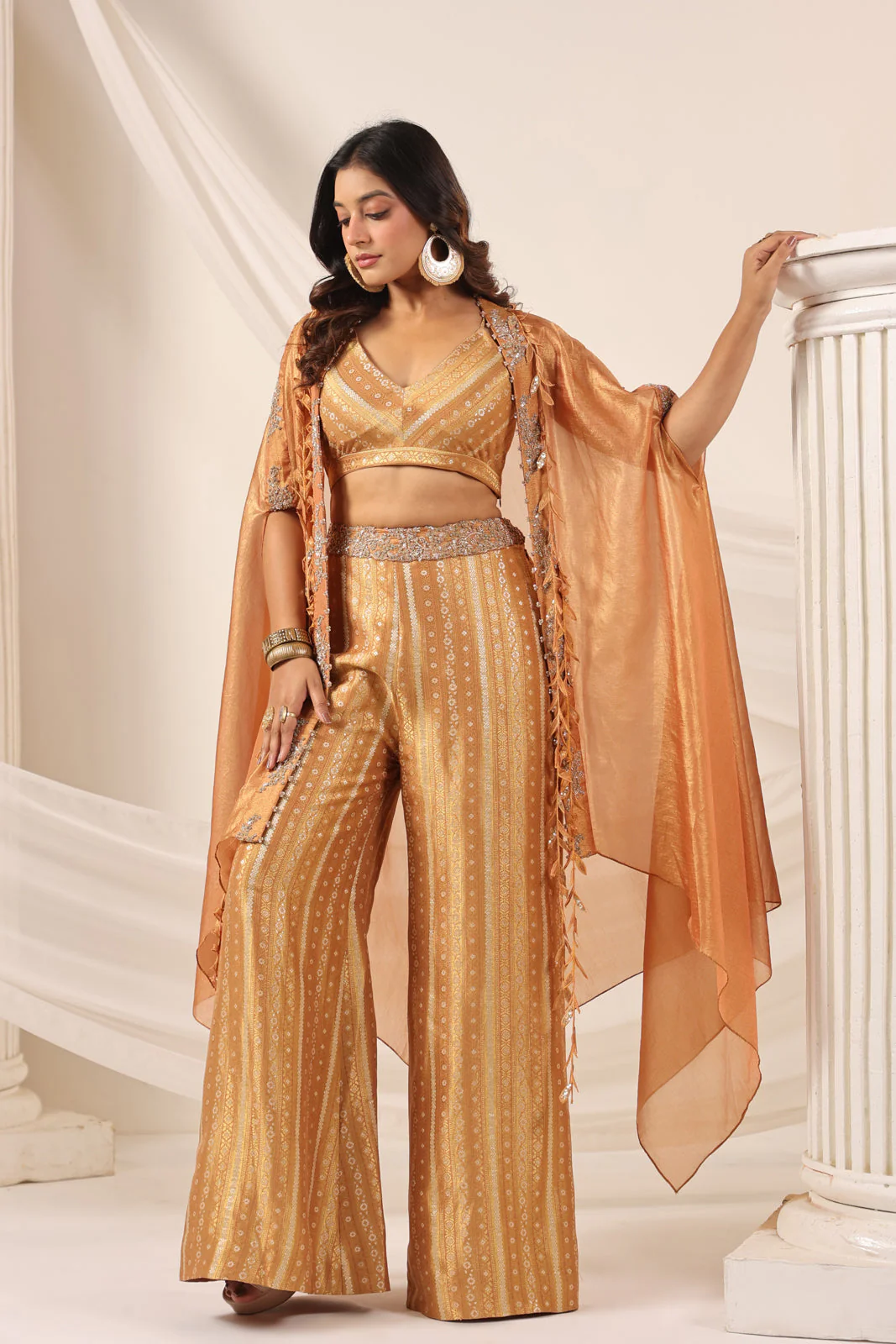 Rustic Orange Banarasi Silk Indo Western Crop Top And Pant With Embellish Cape & Belt - Image 3