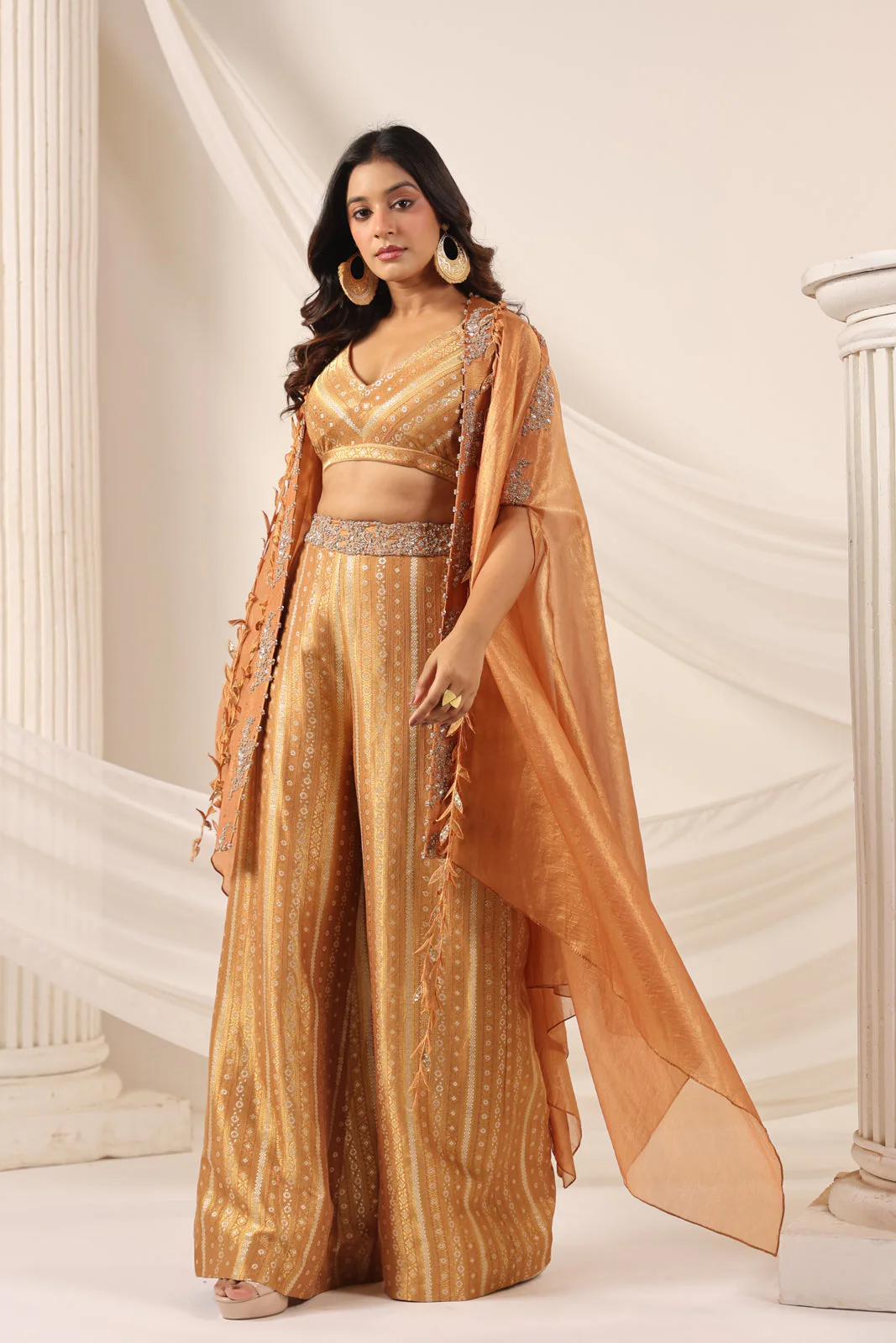 Rustic Orange Banarasi Silk Indo Western Crop Top And Pant With Embellish Cape & Belt - Image 4